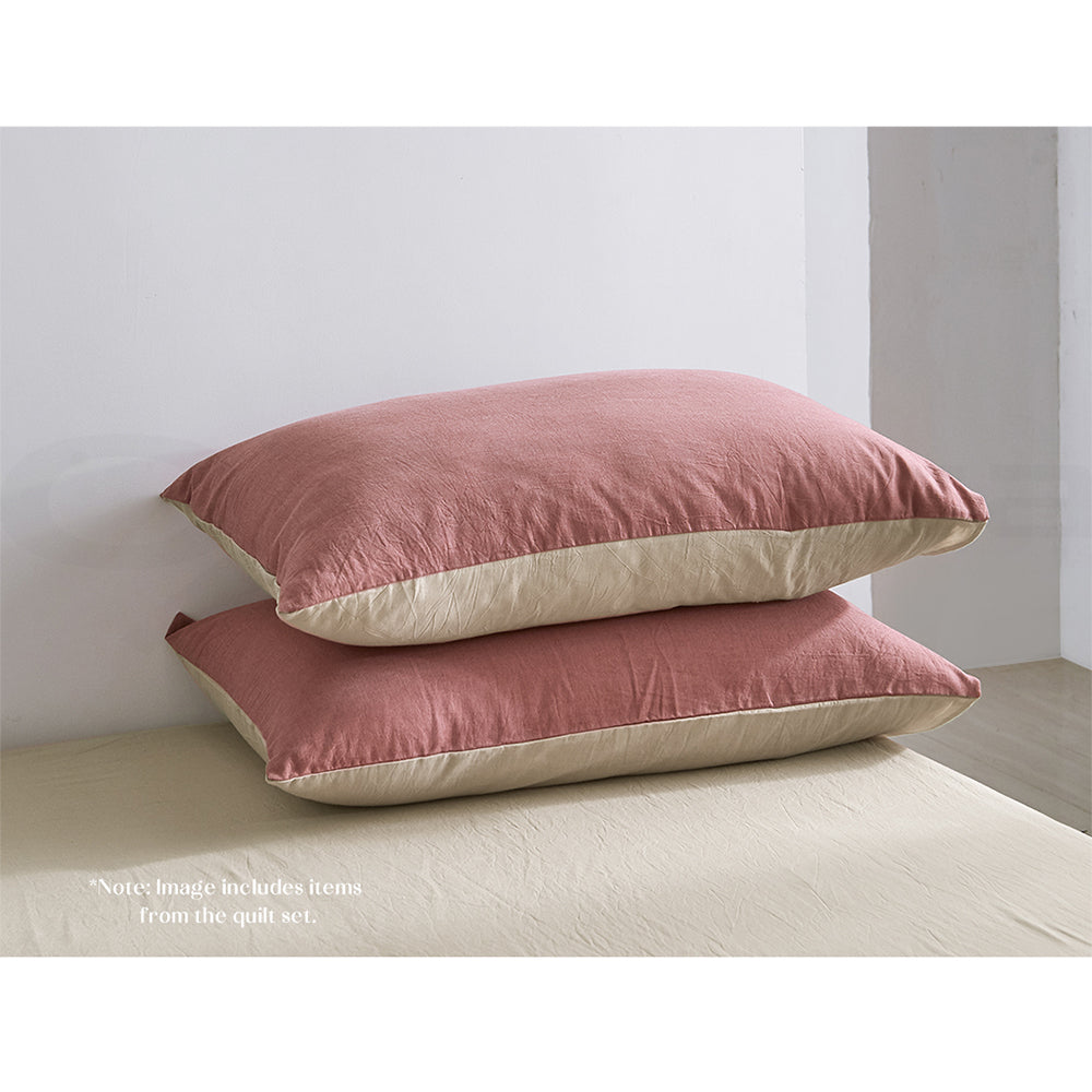 100% washed cotton sheets in red beige, featuring a soft texture and lightweight design, perfect for year-round comfort.