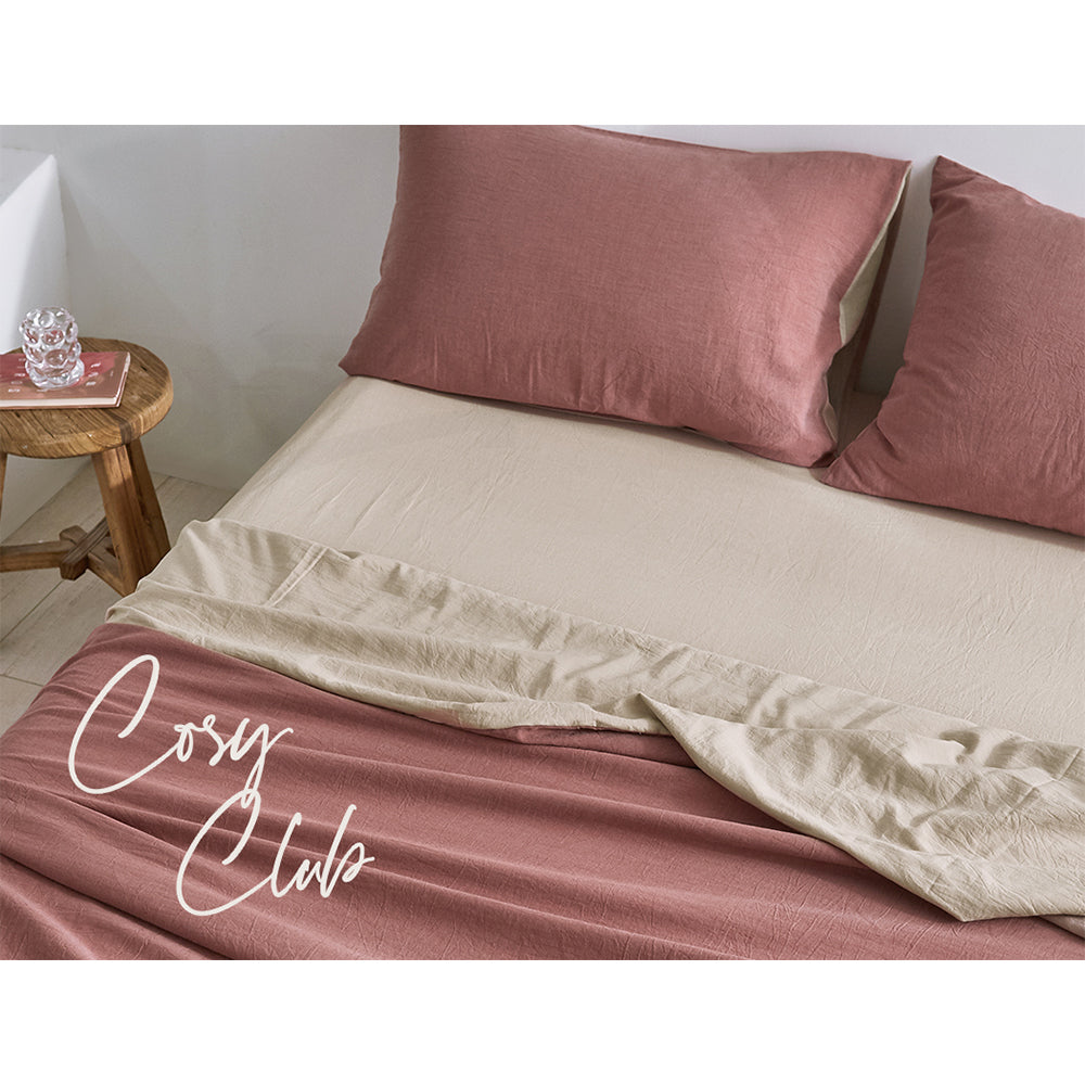 100% washed cotton sheets in red beige, featuring a soft texture and lightweight design, perfect for year-round comfort.