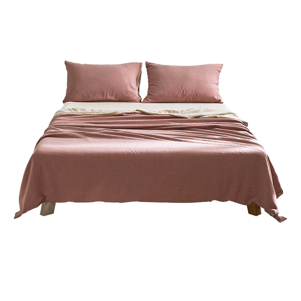 100% washed cotton sheets in red beige, featuring a soft texture and lightweight design, perfect for year-round comfort.