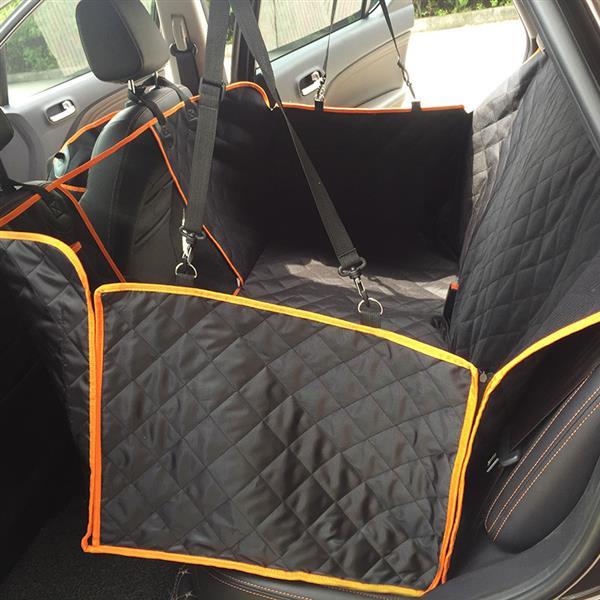 Black 100% waterproof dog car seat cover made of Oxford fabric, featuring a mesh visual window, designed for cars, trucks, and SUVs.