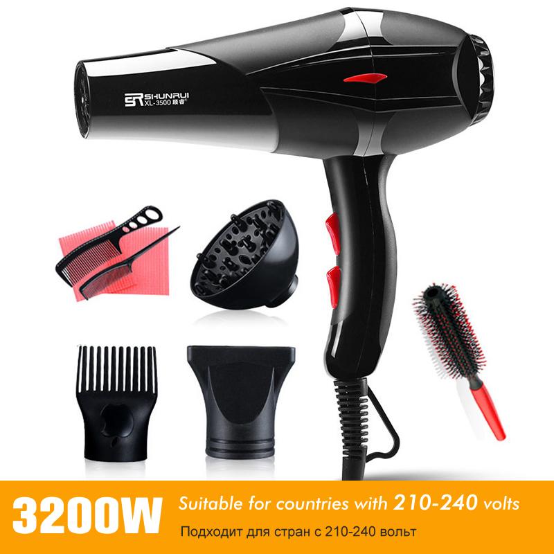 Professional 3200W/1400W hair dryer with an unfoldable handle, designed for barbers and salons, showcasing its sleek ABS body and detachable nozzle.