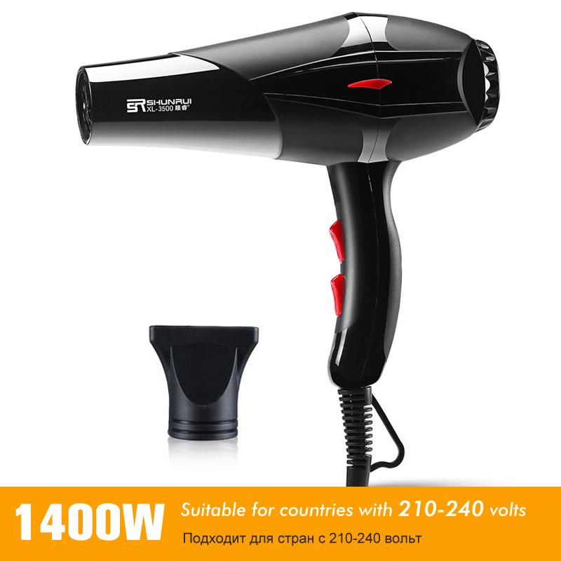 Professional 3200W/1400W hair dryer with an unfoldable handle, designed for barbers and salons, showcasing its sleek ABS body and detachable nozzle.