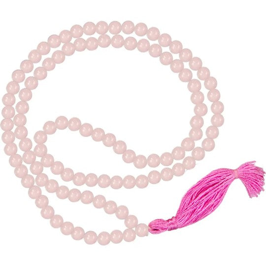 108 Japa Mala Prayer Beads made of rose quartz, featuring 108 small beads and one larger Sumeru bead, perfect for meditation.