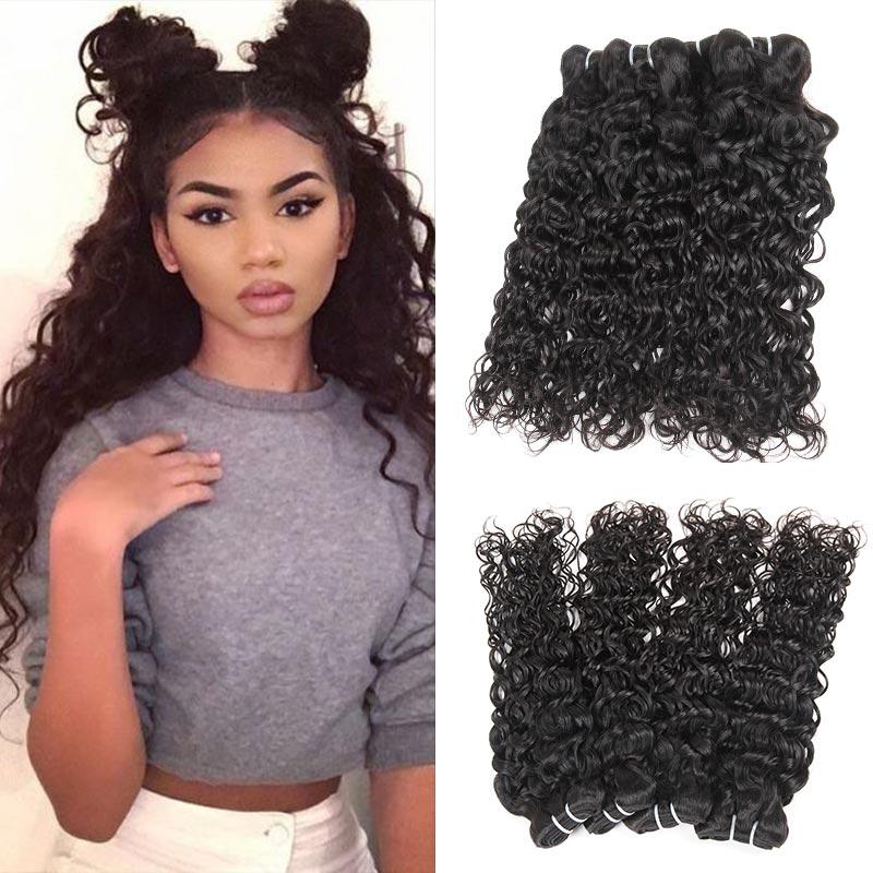 Four bundles of 10A Grade Brazilian Water Wave Virgin Hair, showcasing natural waves and high-quality Remy human hair.