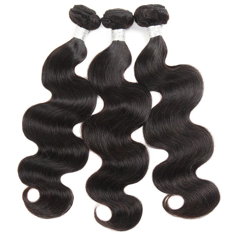 Three bundles of 10A unprocessed Brazilian Peruvian virgin hair in body wave texture, showcasing its natural shine and quality.