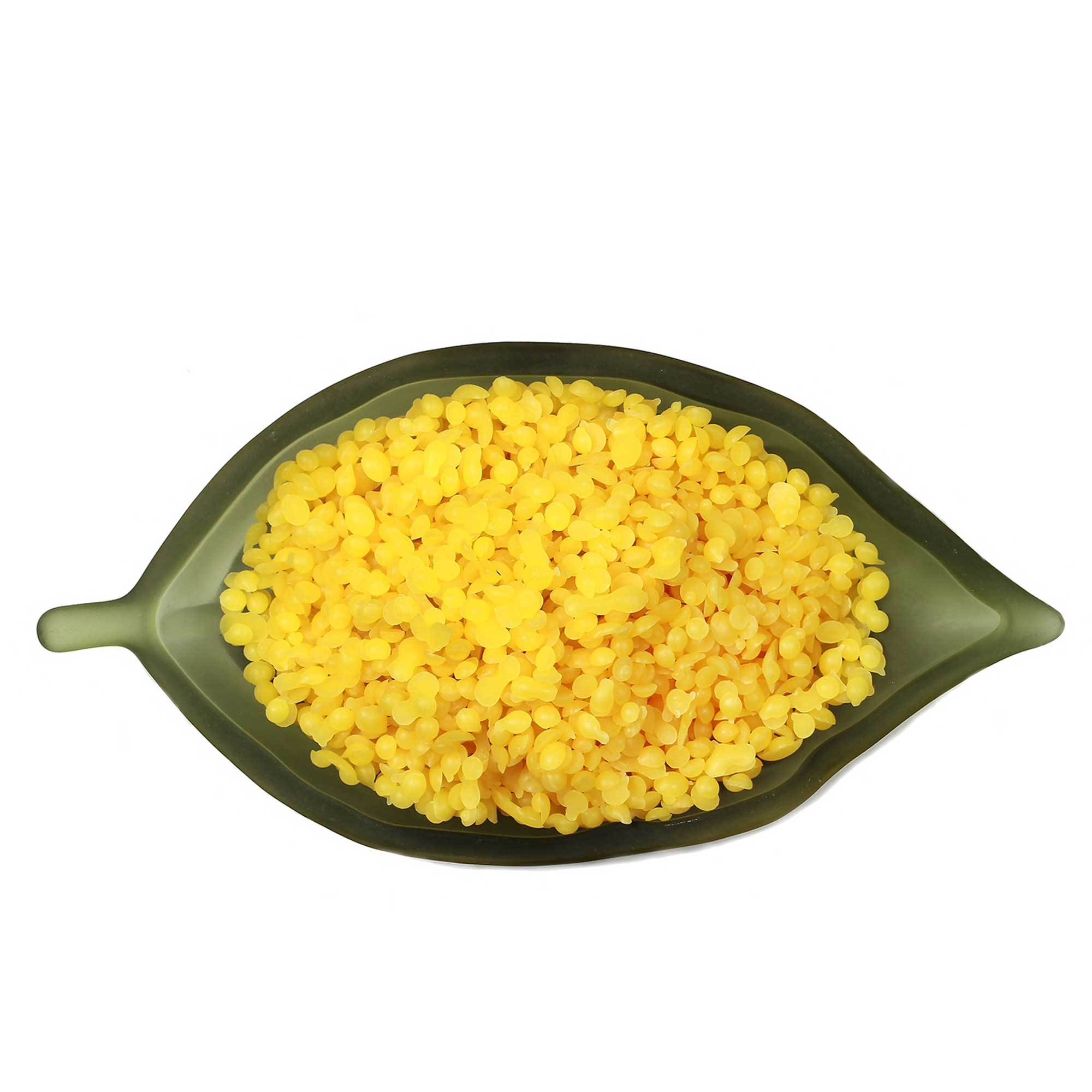 100g bag of organic beeswax pellets in yellow color, ideal for candle making and cosmetics.