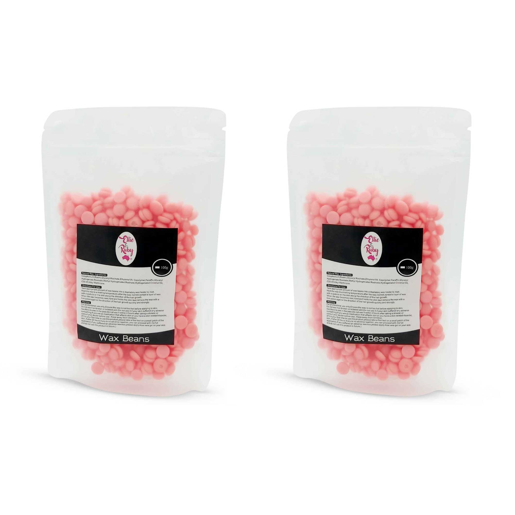 100g pack of Brazilian hard wax beans in a clear bag, showcasing the wax beads ready for use in waxing treatments.