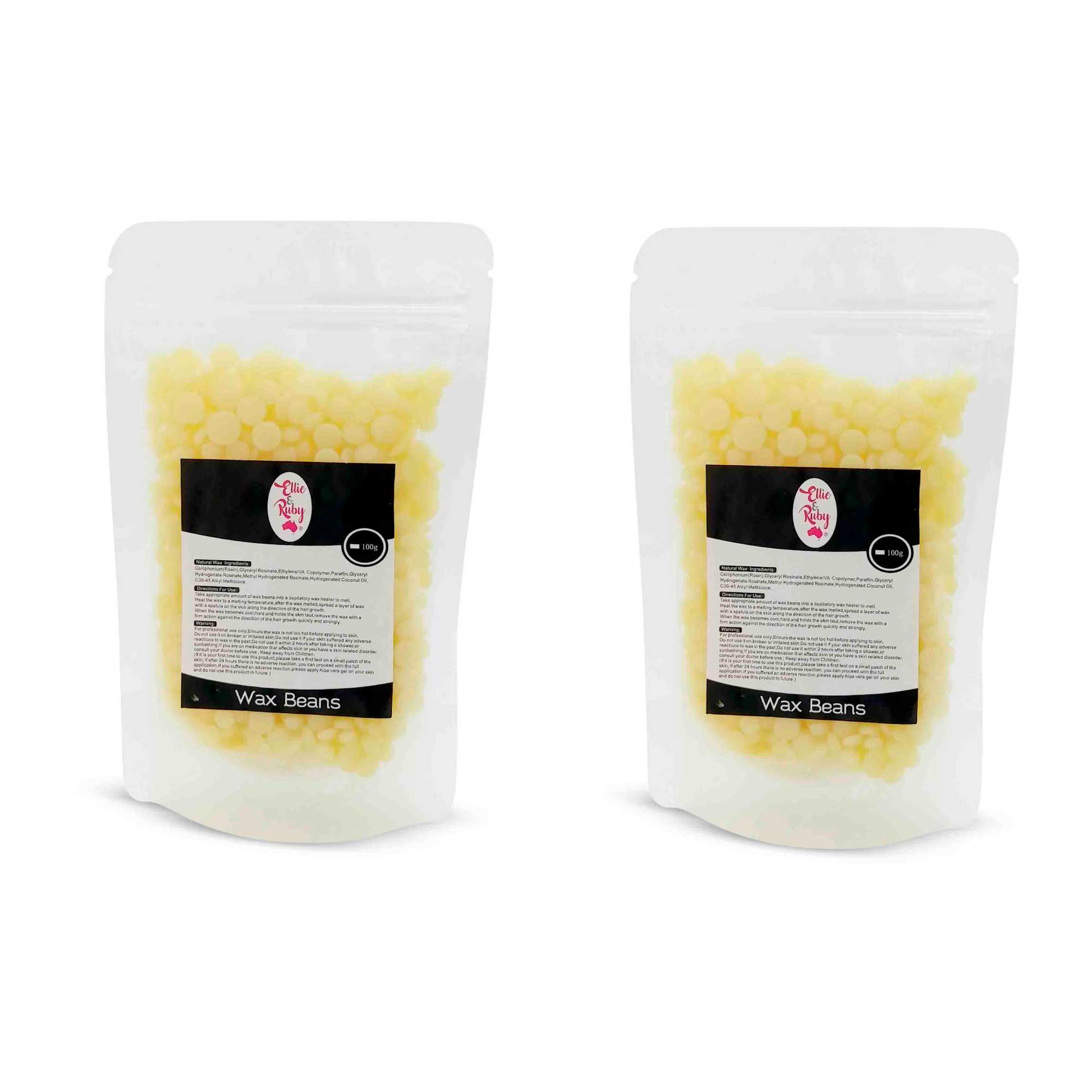 100g pack of Brazilian hard wax beans in a clear bag, showcasing the wax beads ready for use in waxing treatments.