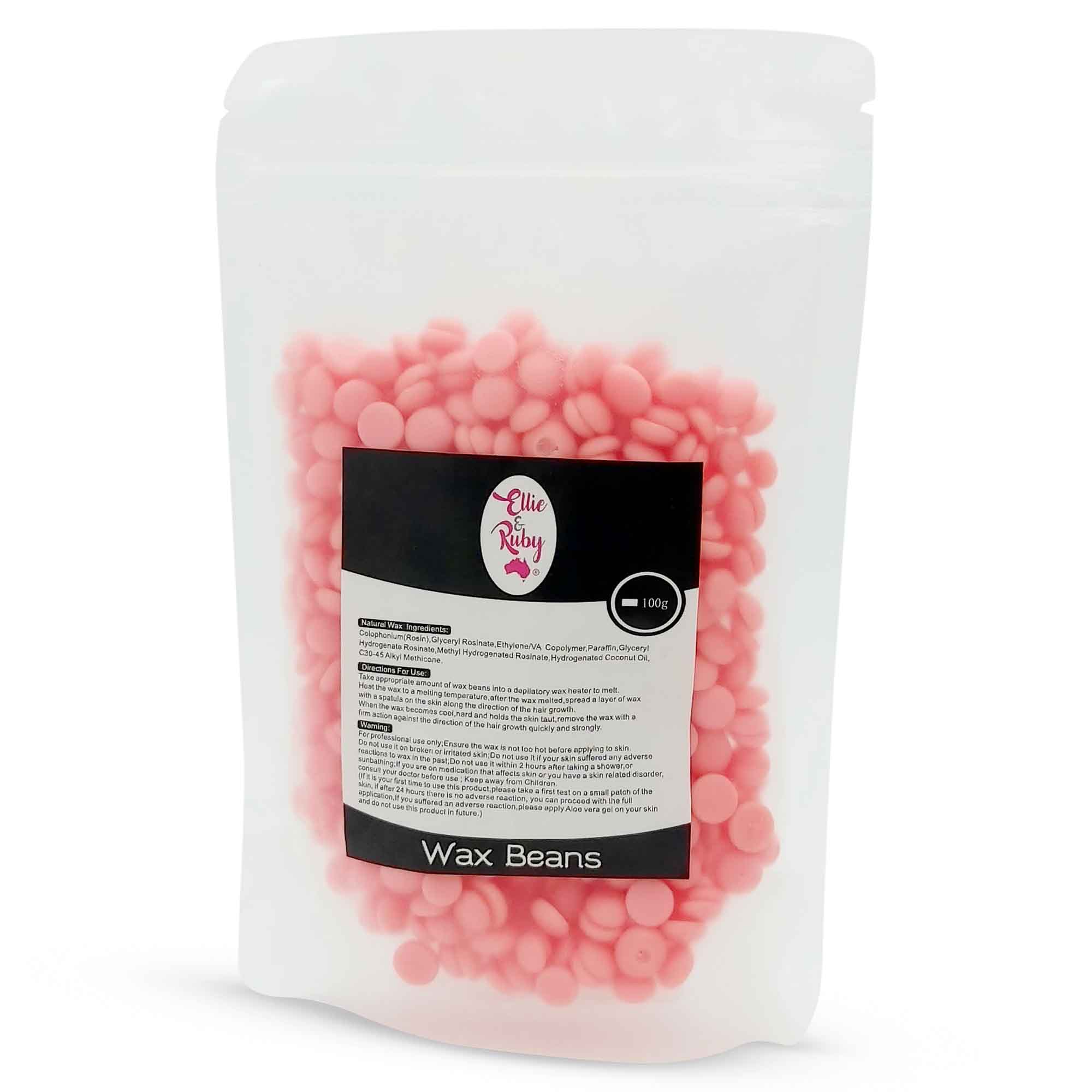 100g pack of Brazilian hard wax beans in a clear bag, showcasing the wax beads ready for use in waxing treatments.