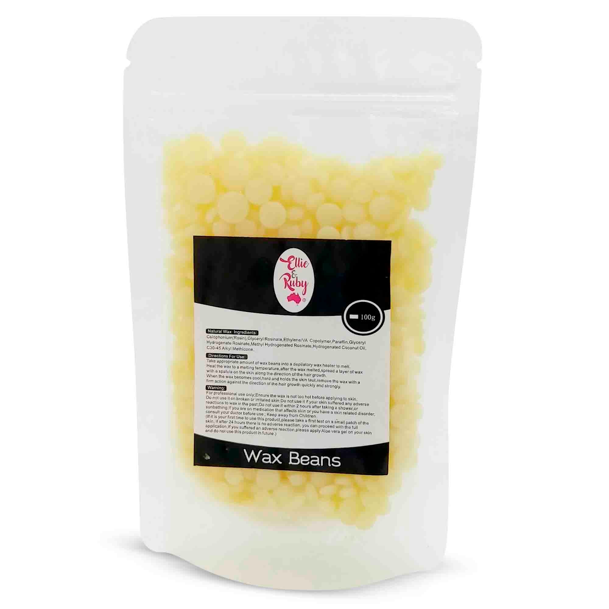 100g pack of Brazilian hard wax beans in a clear bag, showcasing the wax beads ready for use in waxing treatments.