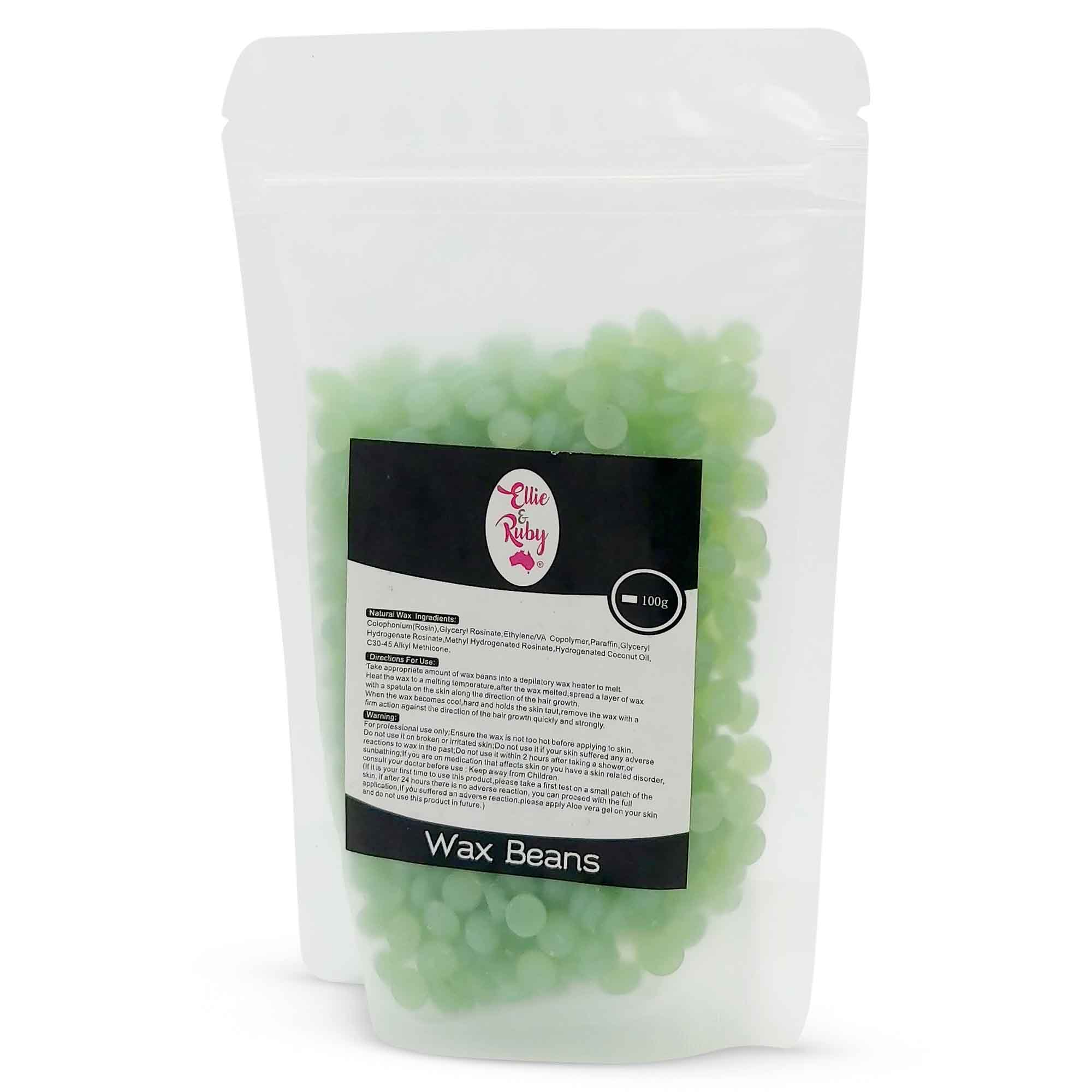 100g pack of Brazilian hard wax beans in a clear bag, showcasing the wax beads ready for use in waxing treatments.