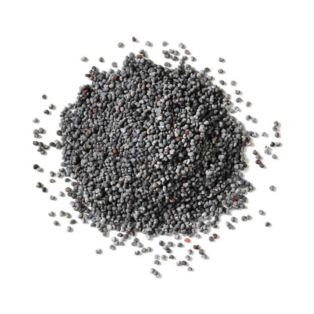 A close-up of 100g unwashed Australian Blue Poppy Seeds in a resealable pouch, showcasing their rich color and texture.