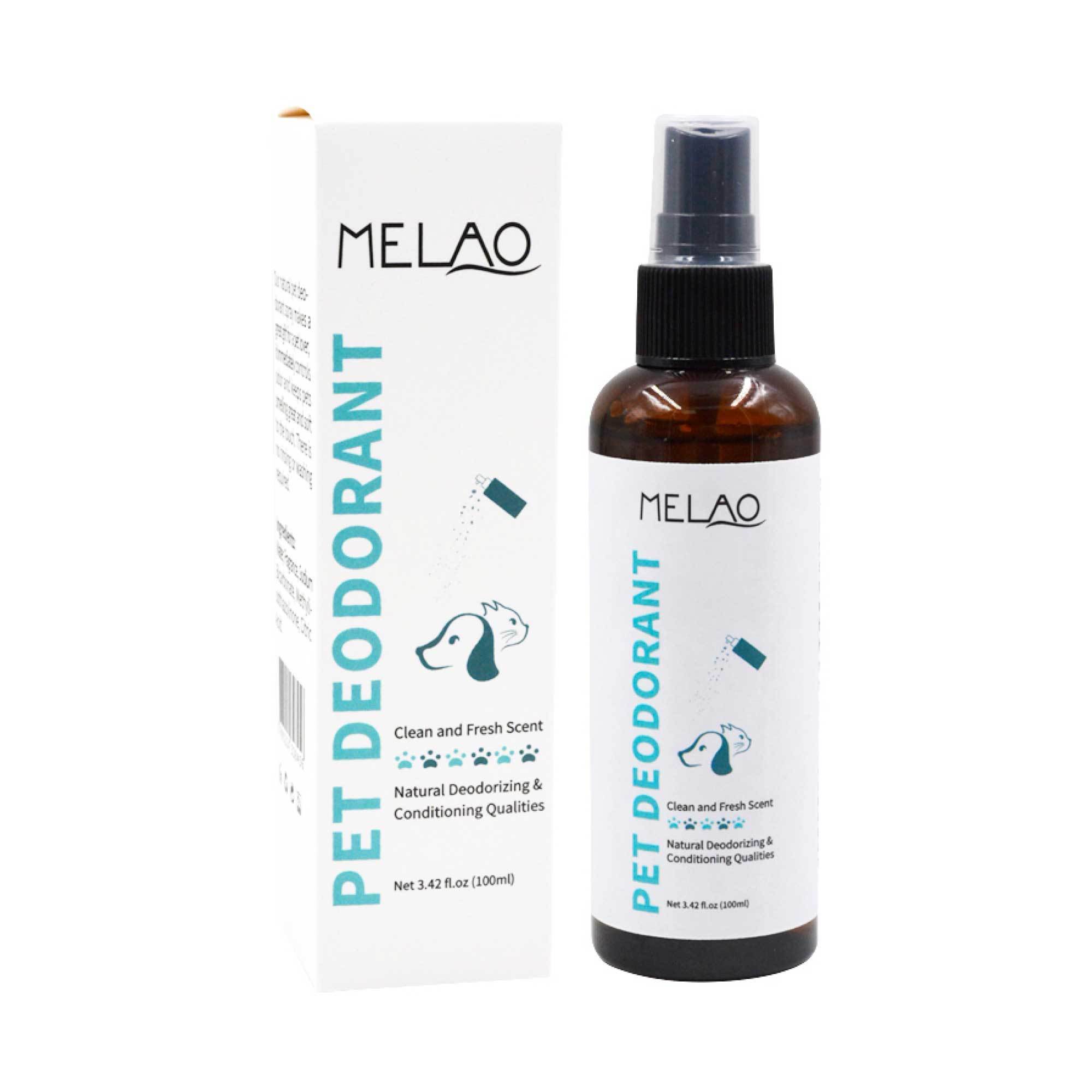 Melao 100ml Pet Deodorant spray bottle for dogs and cats, featuring a natural conditioning formula.