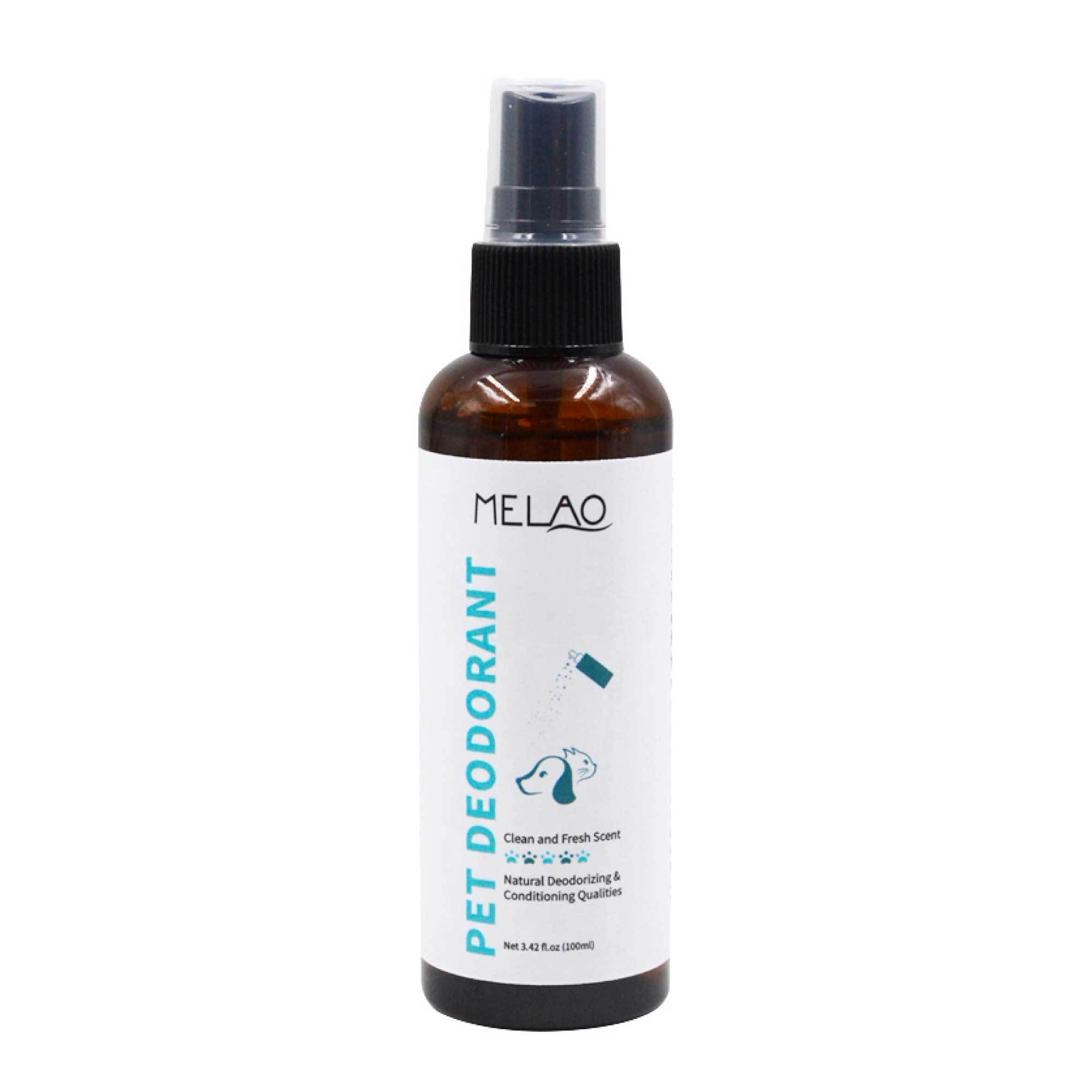 Melao 100ml Pet Deodorant spray bottle for dogs and cats, featuring a natural conditioning formula.