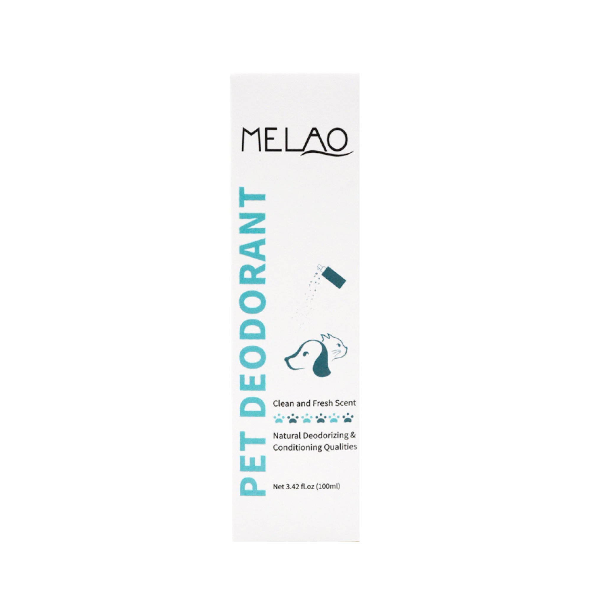 Melao 100ml Pet Deodorant spray bottle for dogs and cats, featuring a natural conditioning formula.