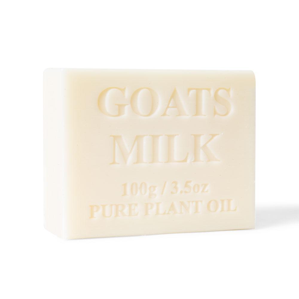 Ten 100g Goats Milk Soap Bars with creamy texture and natural scent, beautifully packaged for skincare.