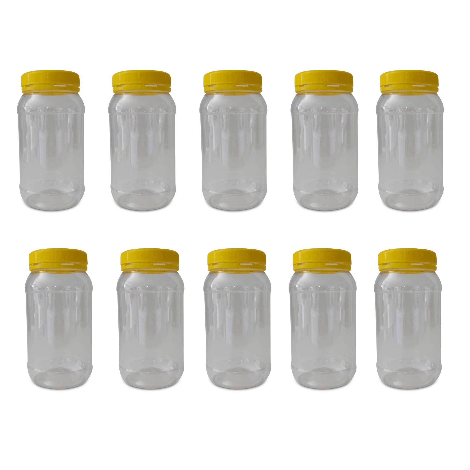 Set of 10 clear plastic honey jars with yellow tamper evident lids, ideal for food storage and crafts.