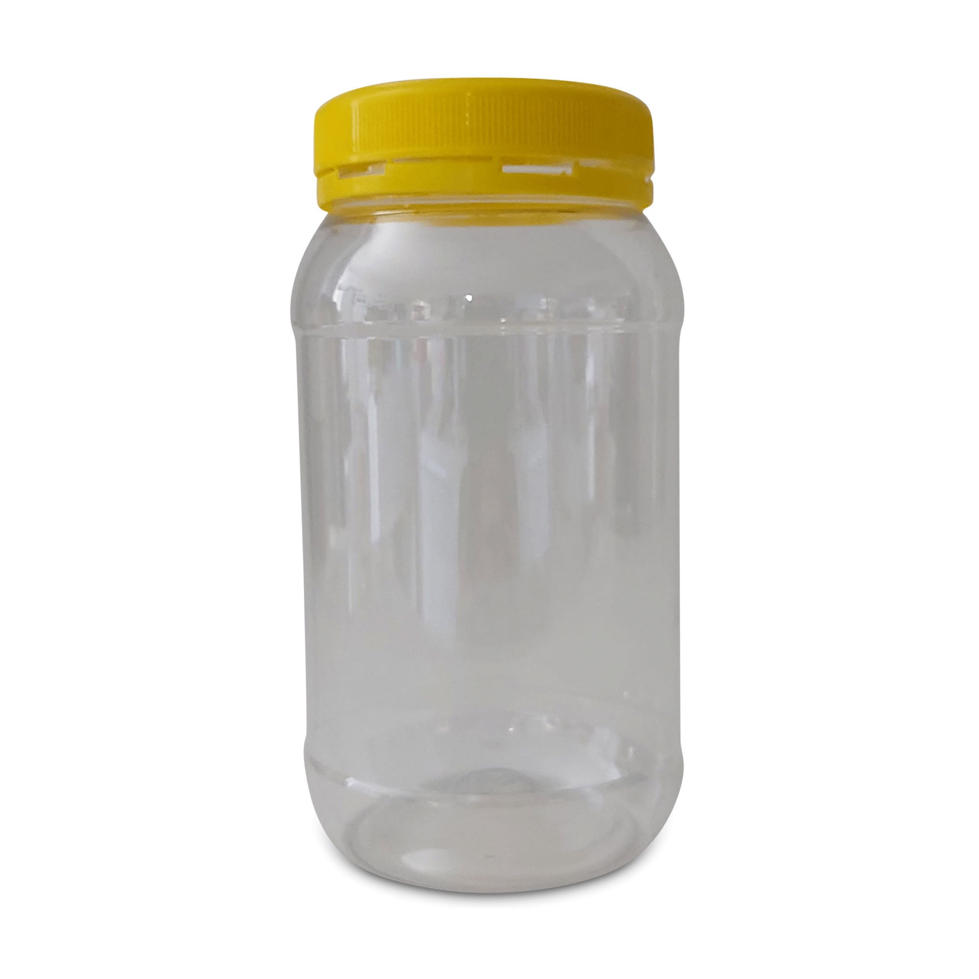 Set of 10 clear plastic honey jars with yellow tamper evident lids, ideal for food storage and crafts.