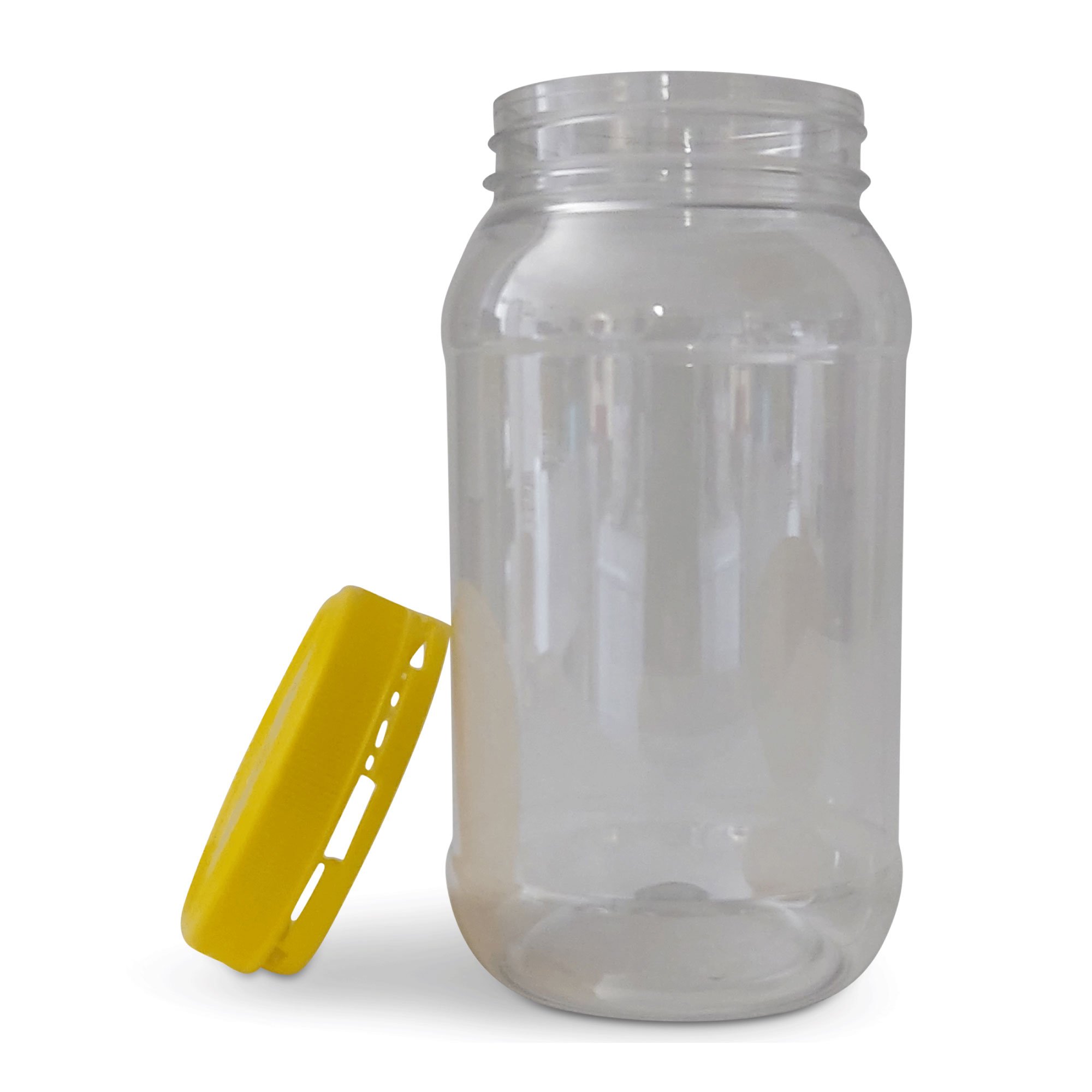 Set of 10 clear plastic honey jars with yellow tamper evident lids, ideal for food storage and crafts.