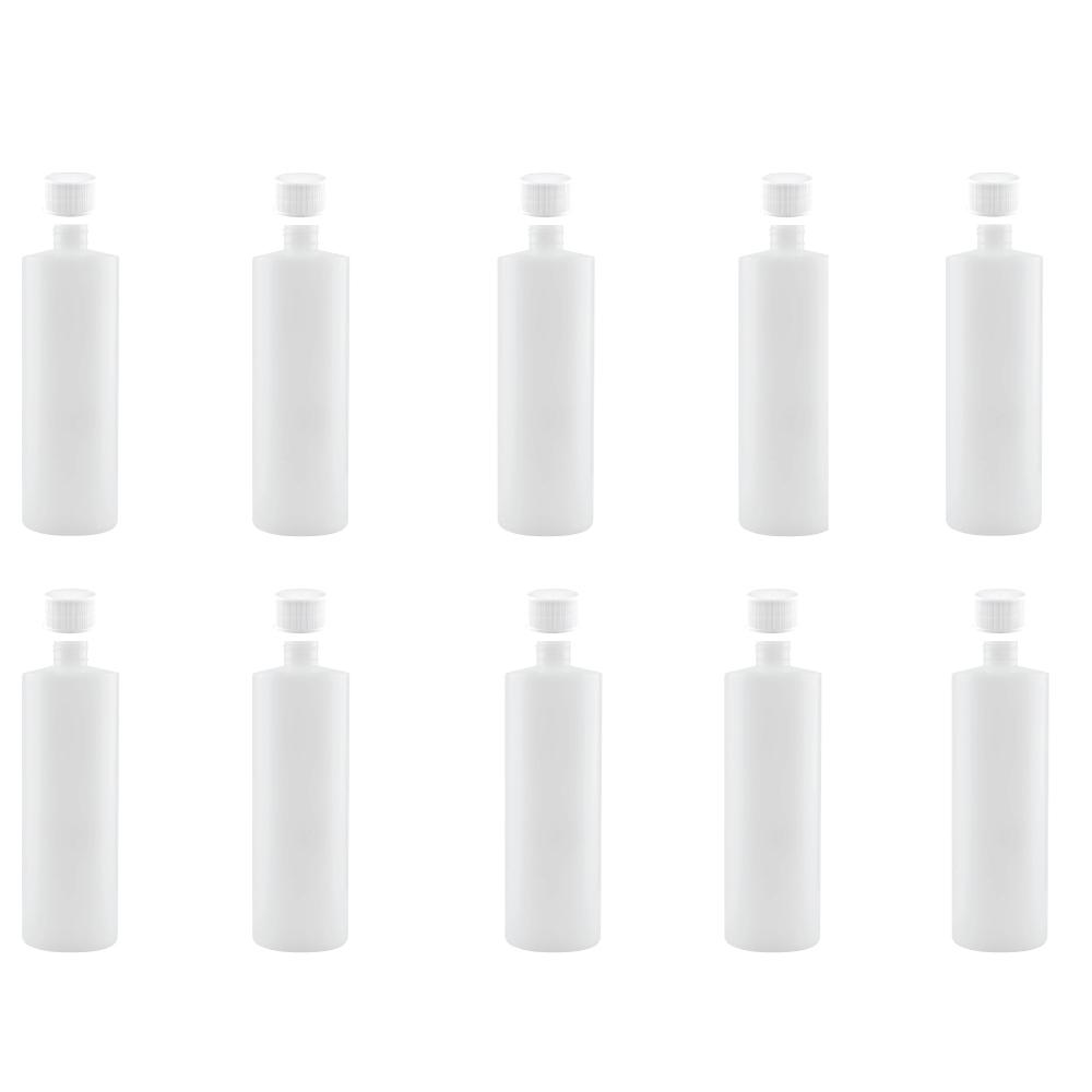 Ten clear 250ml HDPE round bottles with white non-tamper evident screw caps, ideal for food and beverage storage.