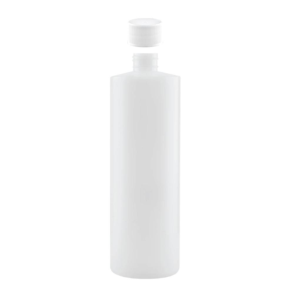 Ten clear 250ml HDPE round bottles with white non-tamper evident screw caps, ideal for food and beverage storage.