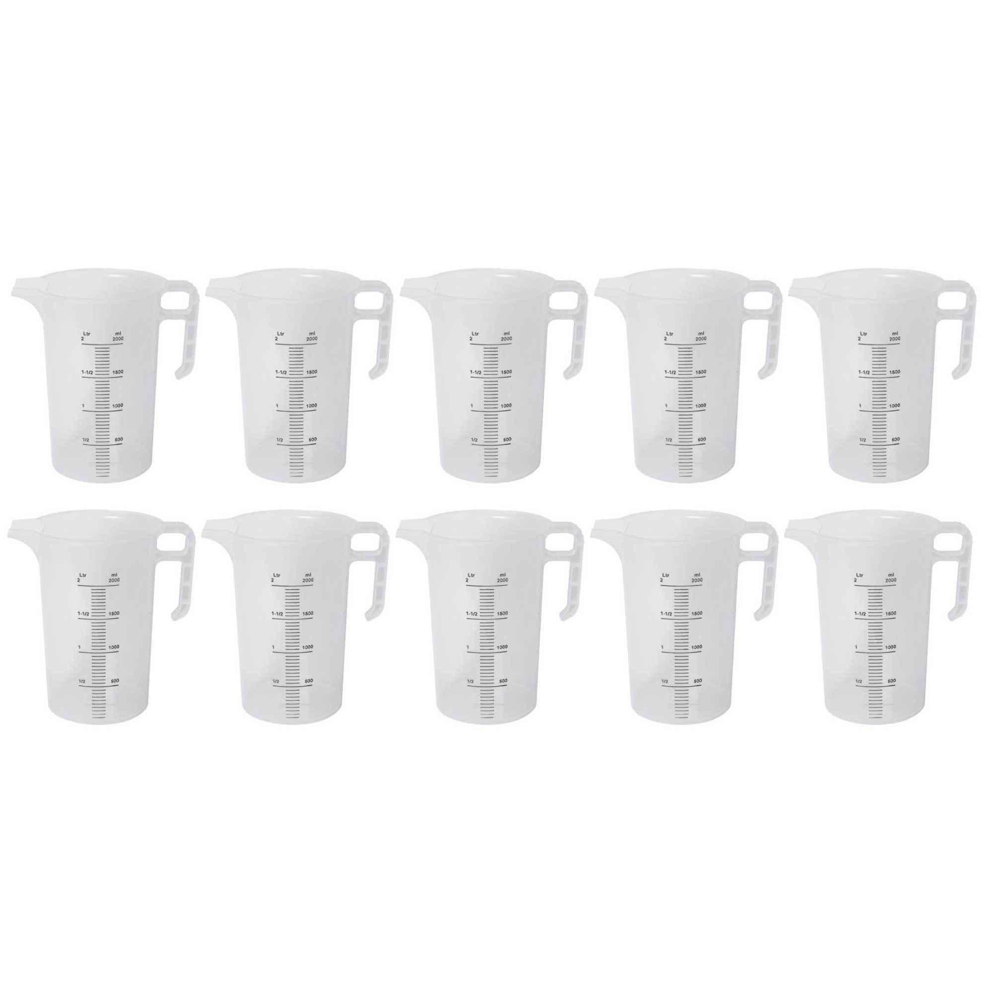 Set of 10 clear 2L measuring jugs made from heavy-duty BPA-free polypropylene, featuring clear measurement increments and ergonomic handles.