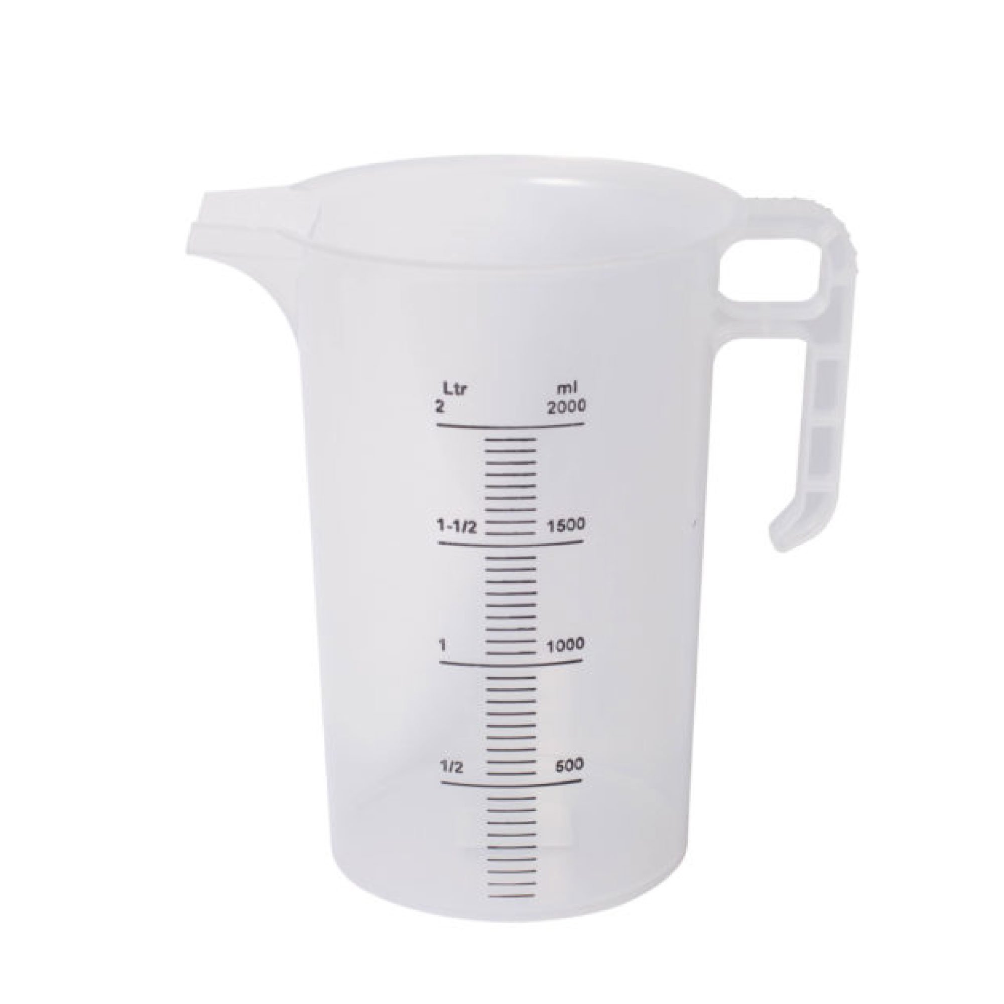 Set of 10 clear 2L measuring jugs made from heavy-duty BPA-free polypropylene, featuring clear measurement increments and ergonomic handles.