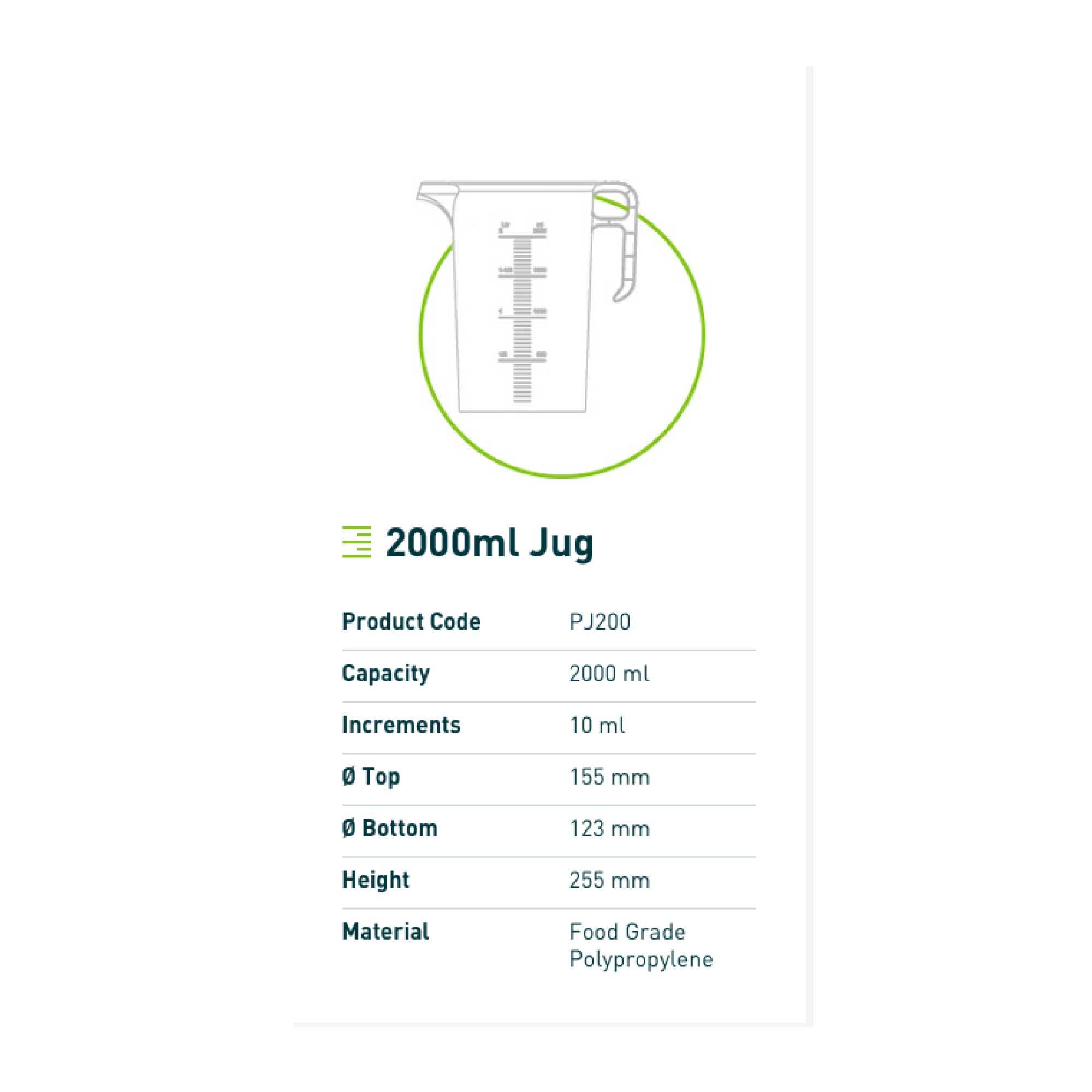 Set of 10 clear 2L measuring jugs made from heavy-duty BPA-free polypropylene, featuring clear measurement increments and ergonomic handles.