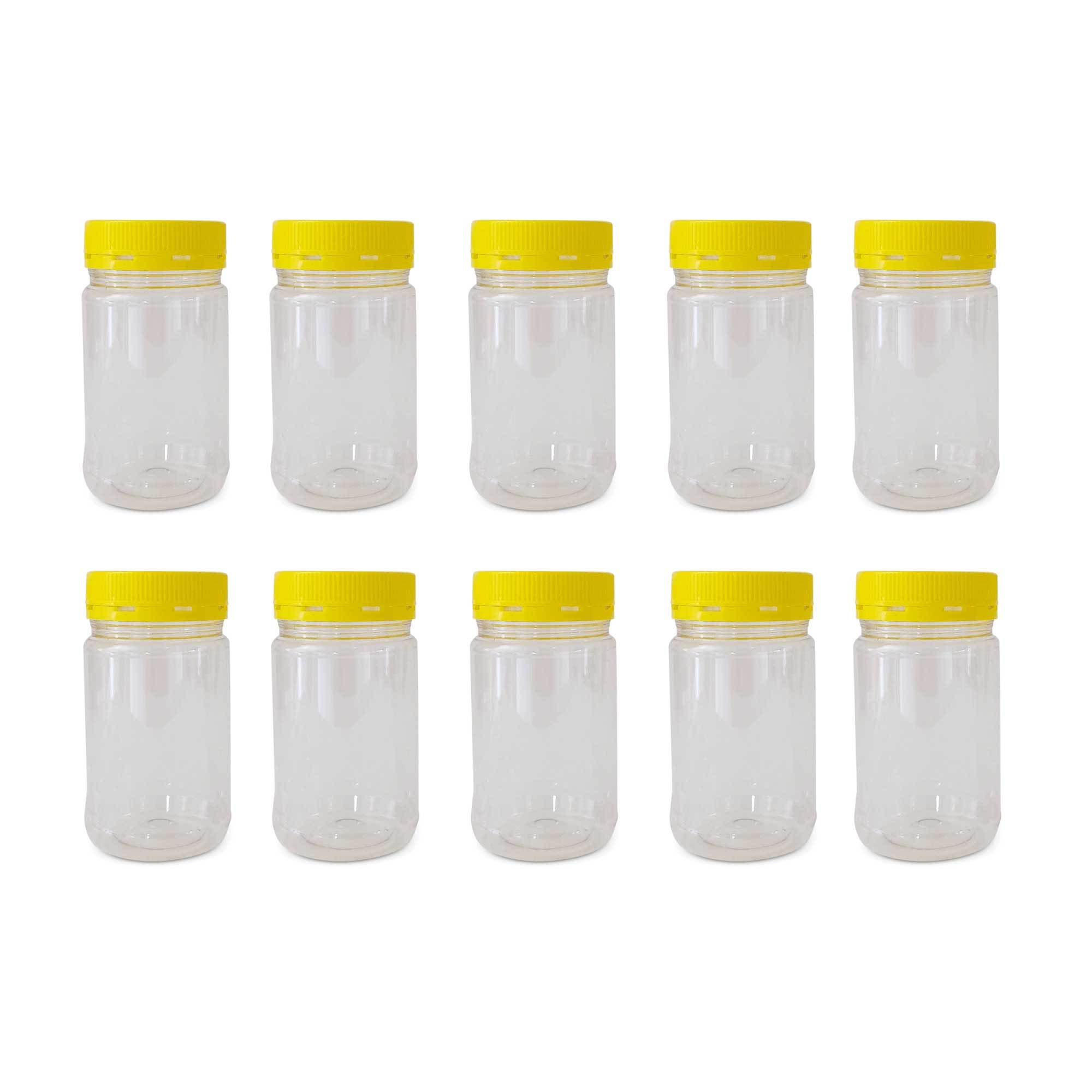 10 clear plastic honey jars with yellow tamper evident lids, showcasing their round shape and food-grade material.