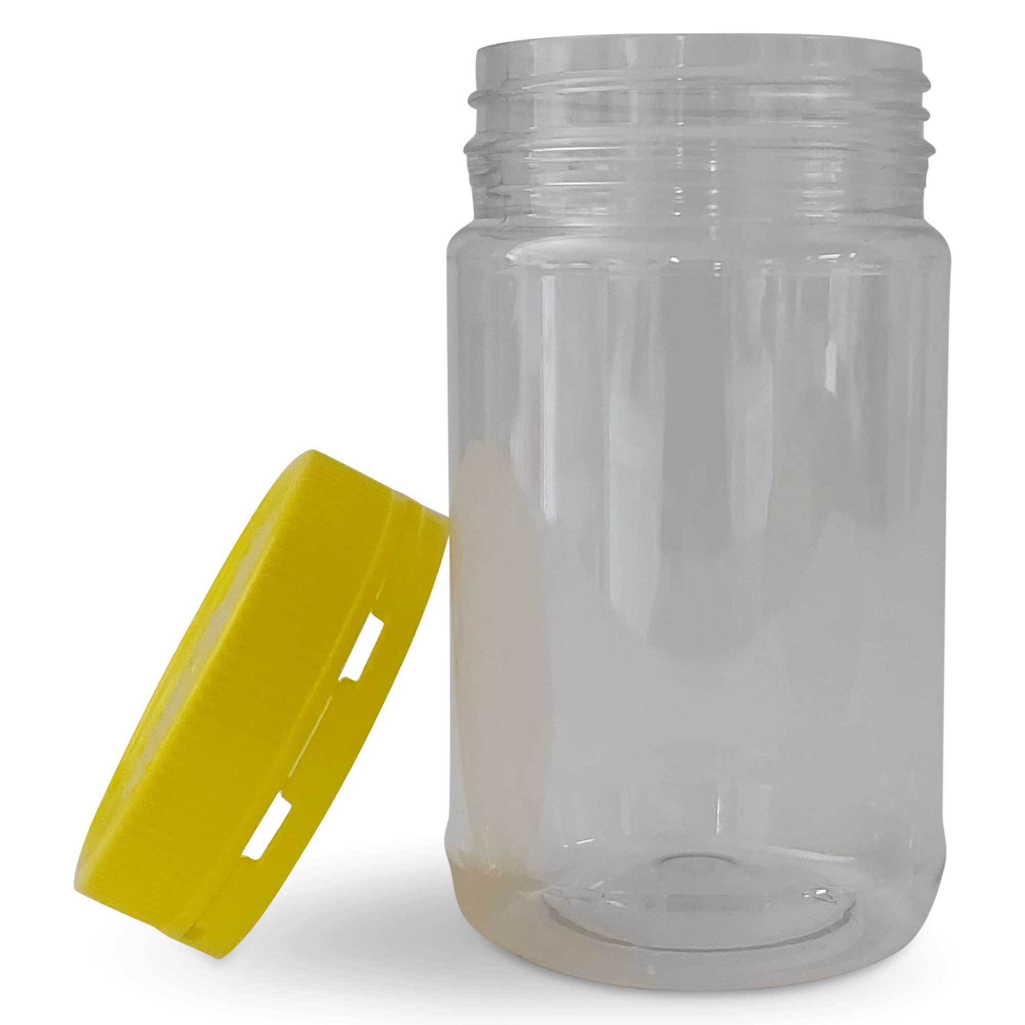 10 clear plastic honey jars with yellow tamper evident lids, showcasing their round shape and food-grade material.