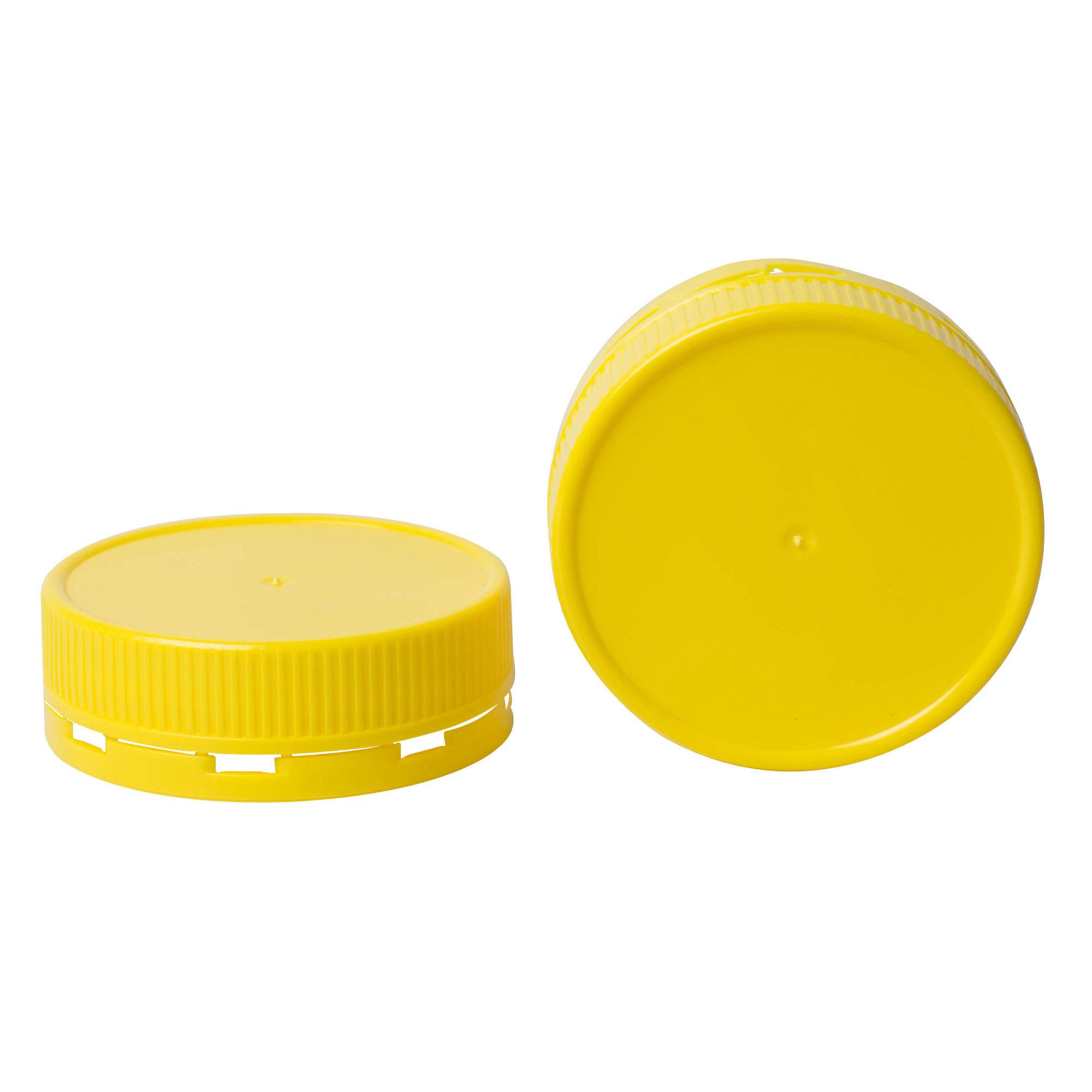 10 clear plastic honey jars with yellow tamper evident lids, showcasing their round shape and food-grade material.