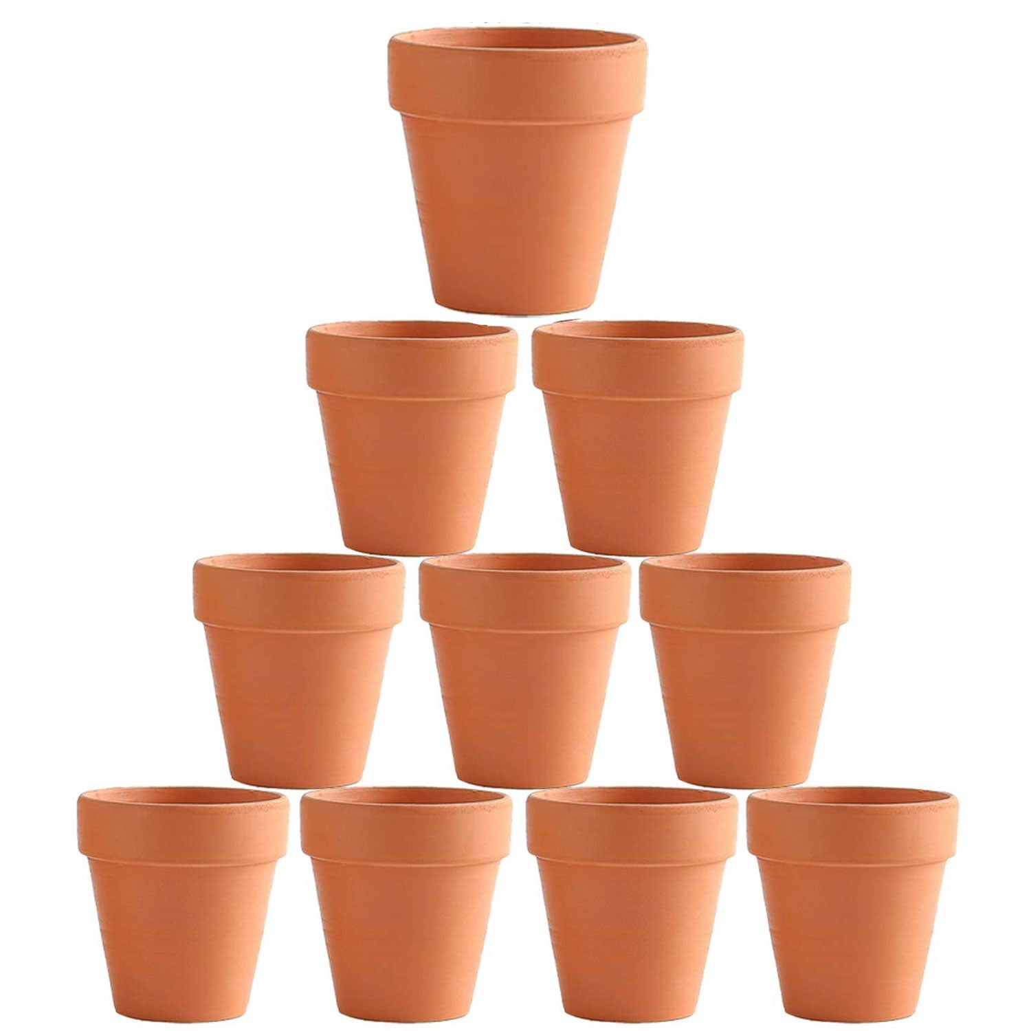 Set of 10 small 5cm terracotta flower pots with drainage holes, ideal for succulents and creative crafts.