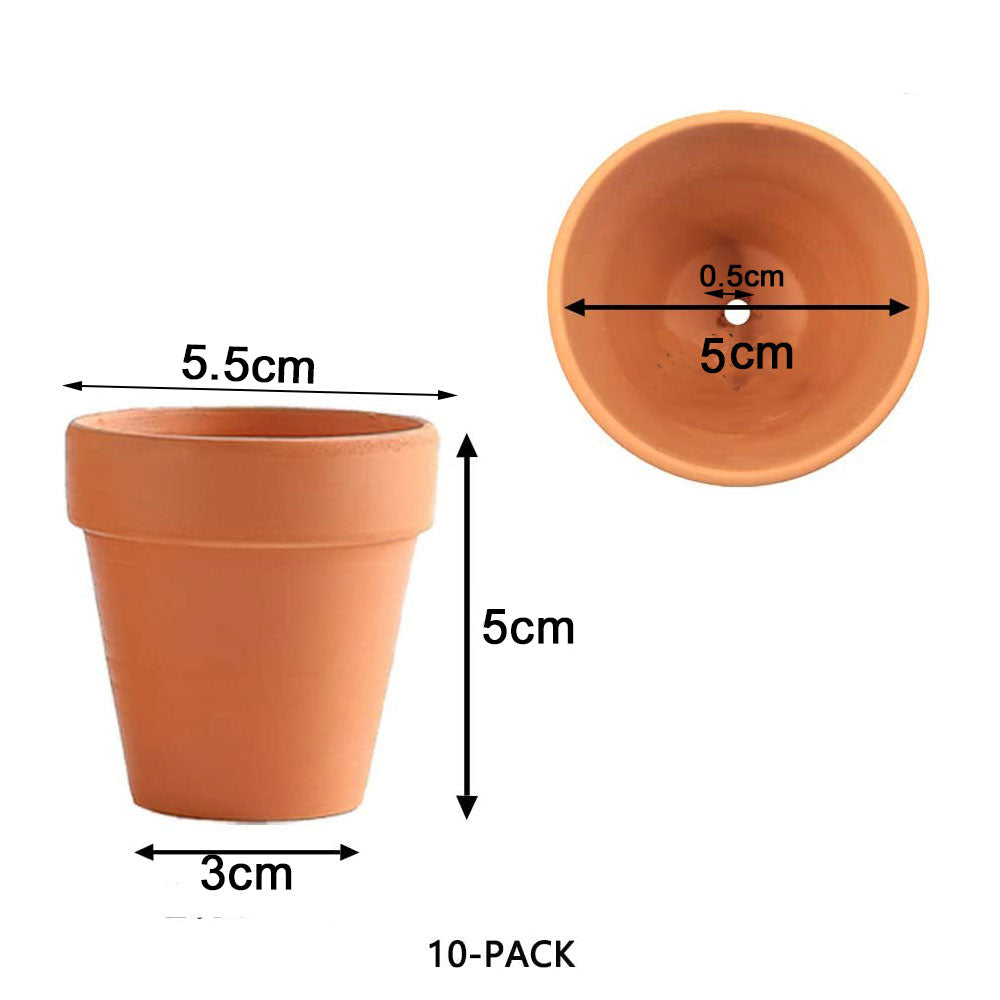 Set of 10 small 5cm terracotta flower pots with drainage holes, ideal for succulents and creative crafts.