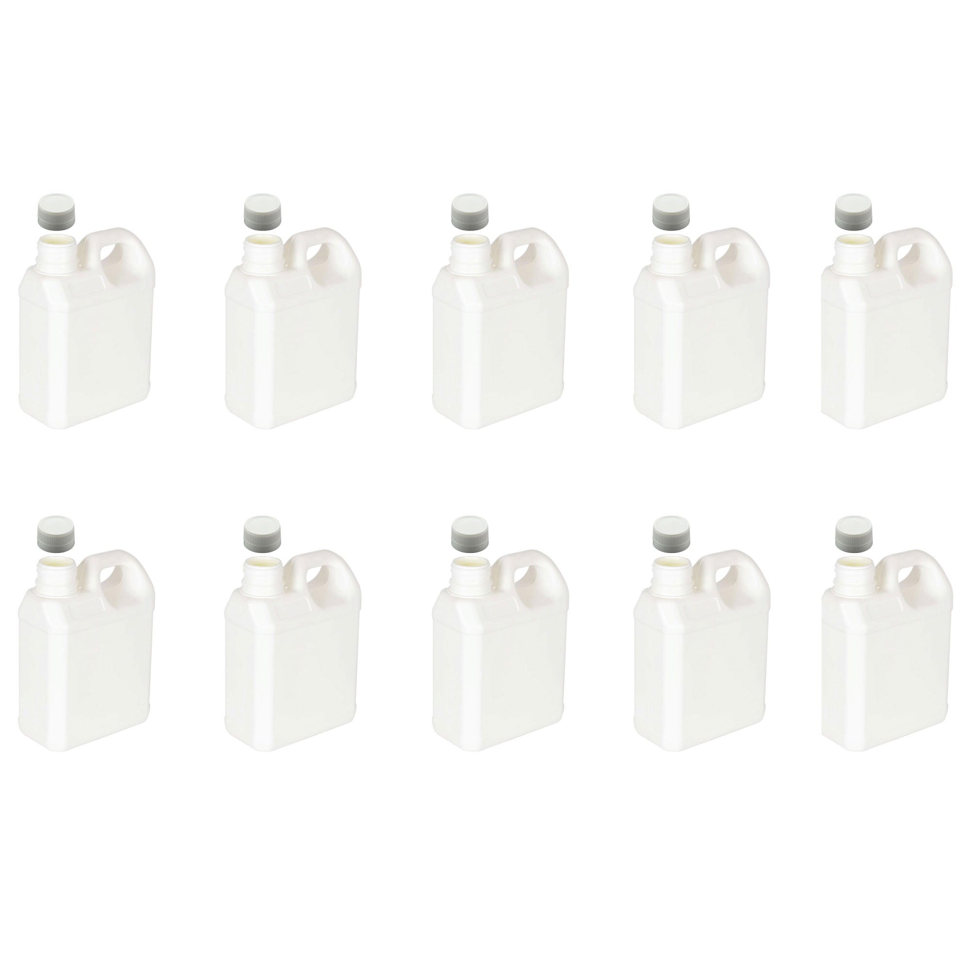 Ten 5L white HDPE plastic bottles with tamper evident screw caps, ideal for storing thick liquids safely.