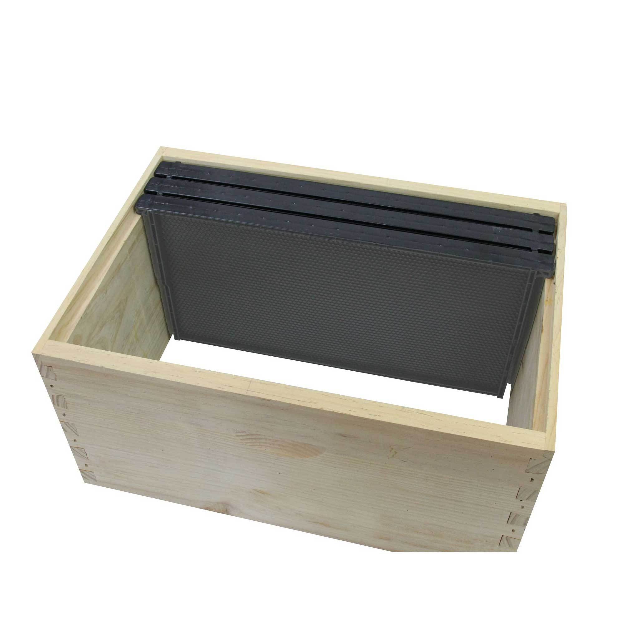 Set of 10 assembled plastic frames for Langstroth beehives, showcasing their sturdy design and black color.