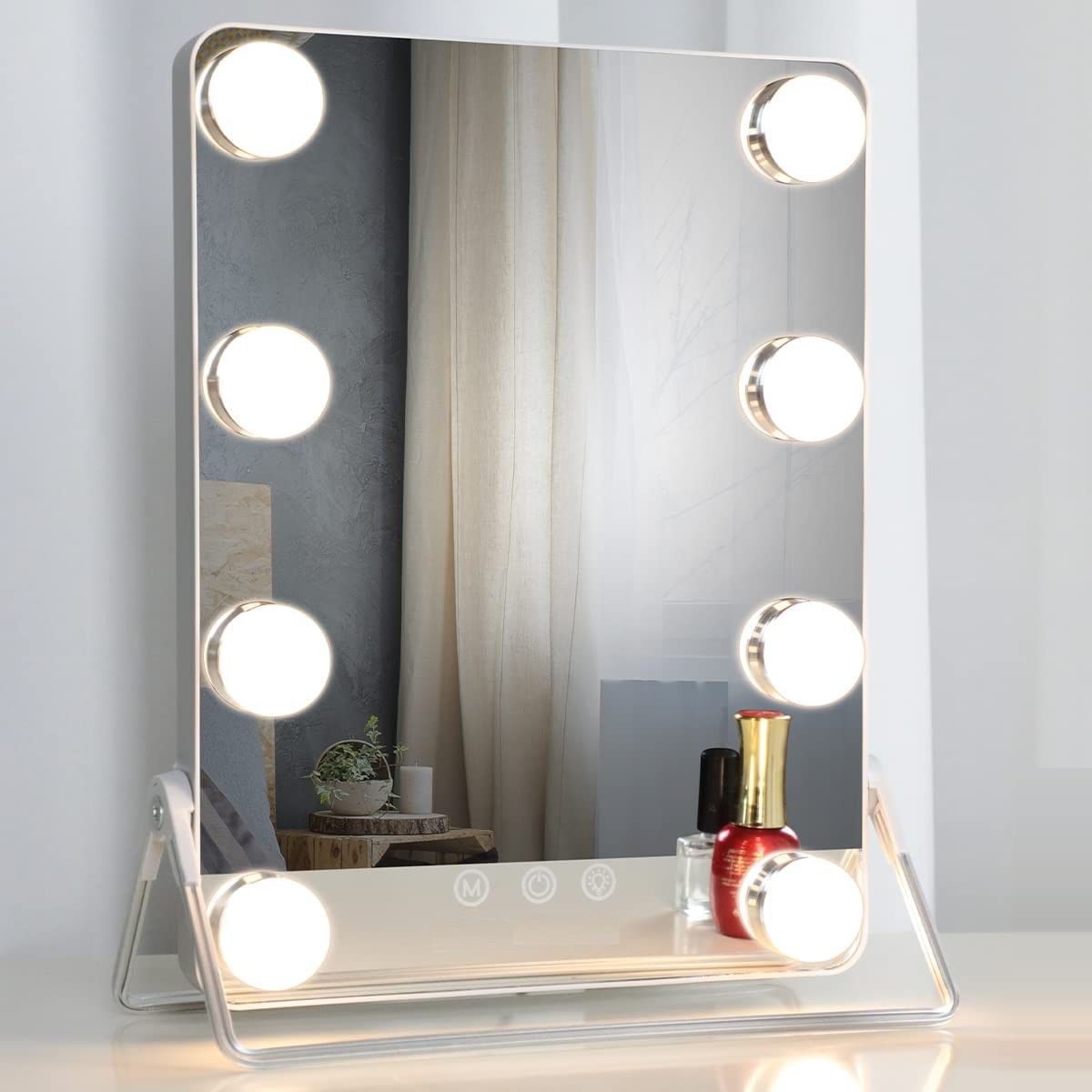 10X Magnifying Vanity Mirror with 8 dimmable LED bulbs, showcasing a sleek grey design perfect for makeup application.