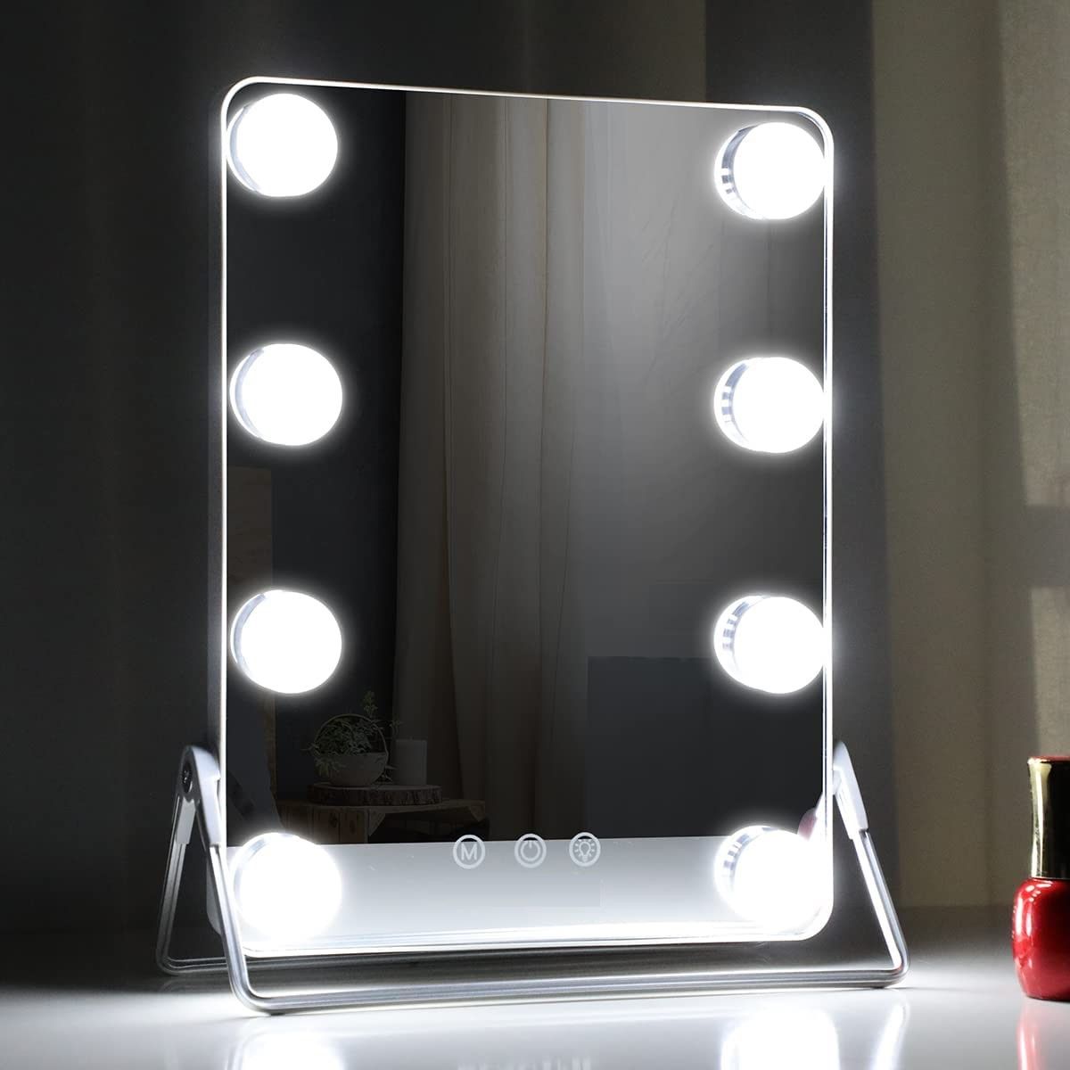 10X Magnifying Vanity Mirror with 8 dimmable LED bulbs, showcasing a sleek grey design perfect for makeup application.