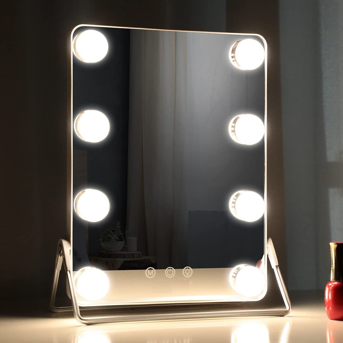 10X Magnifying Vanity Mirror with 8 dimmable LED bulbs, showcasing a sleek grey design perfect for makeup application.