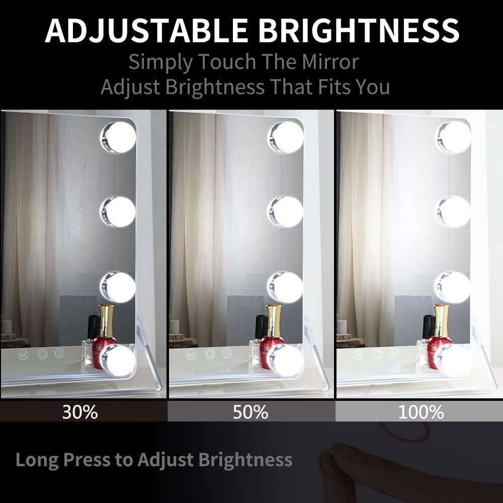 10X Magnifying Vanity Mirror with 8 dimmable LED bulbs, showcasing a sleek grey design perfect for makeup application.