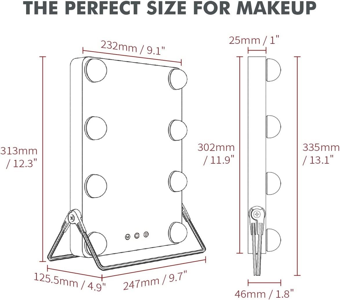 10X Magnifying Vanity Mirror with 8 dimmable LED bulbs, showcasing a sleek grey design perfect for makeup application.