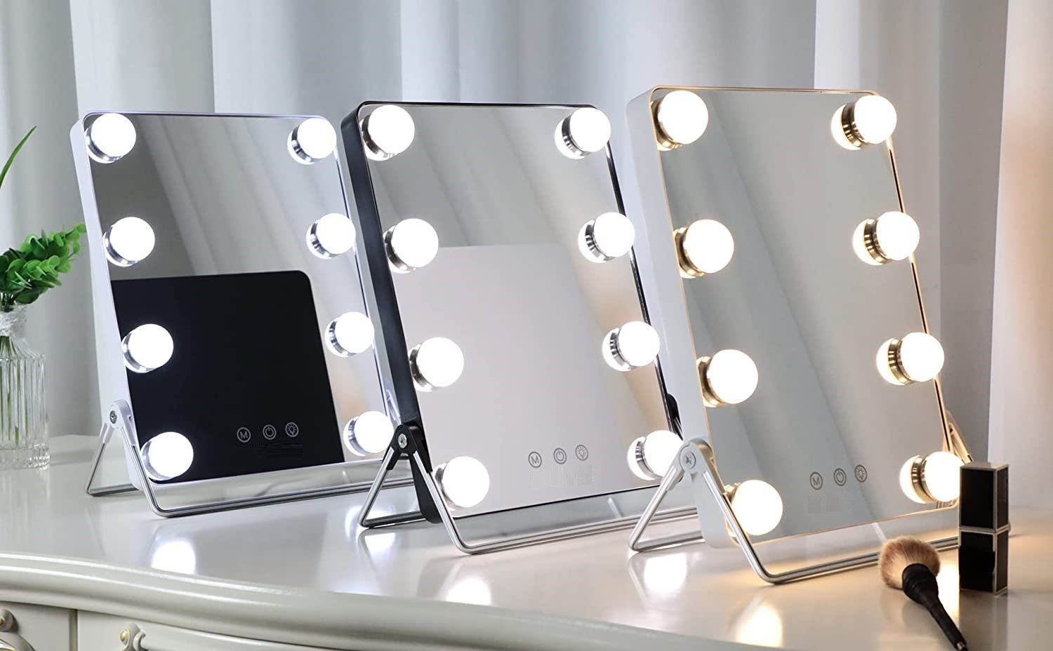 10X Magnifying Vanity Mirror with 8 dimmable LED bulbs, showcasing a sleek grey design perfect for makeup application.