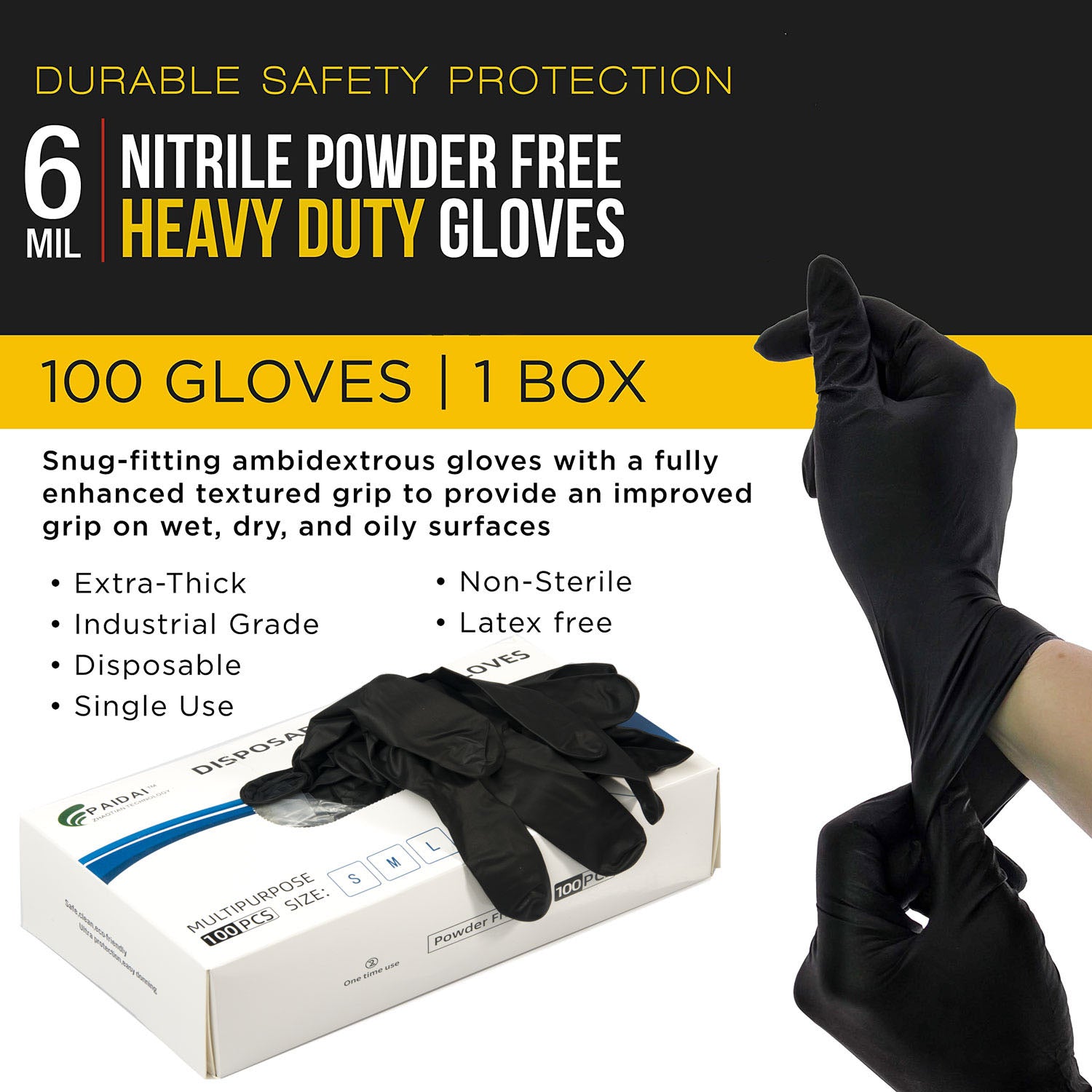 A box containing 100 black nitrile disposable gloves, showcasing their thickness and texture, ideal for industrial and food applications.