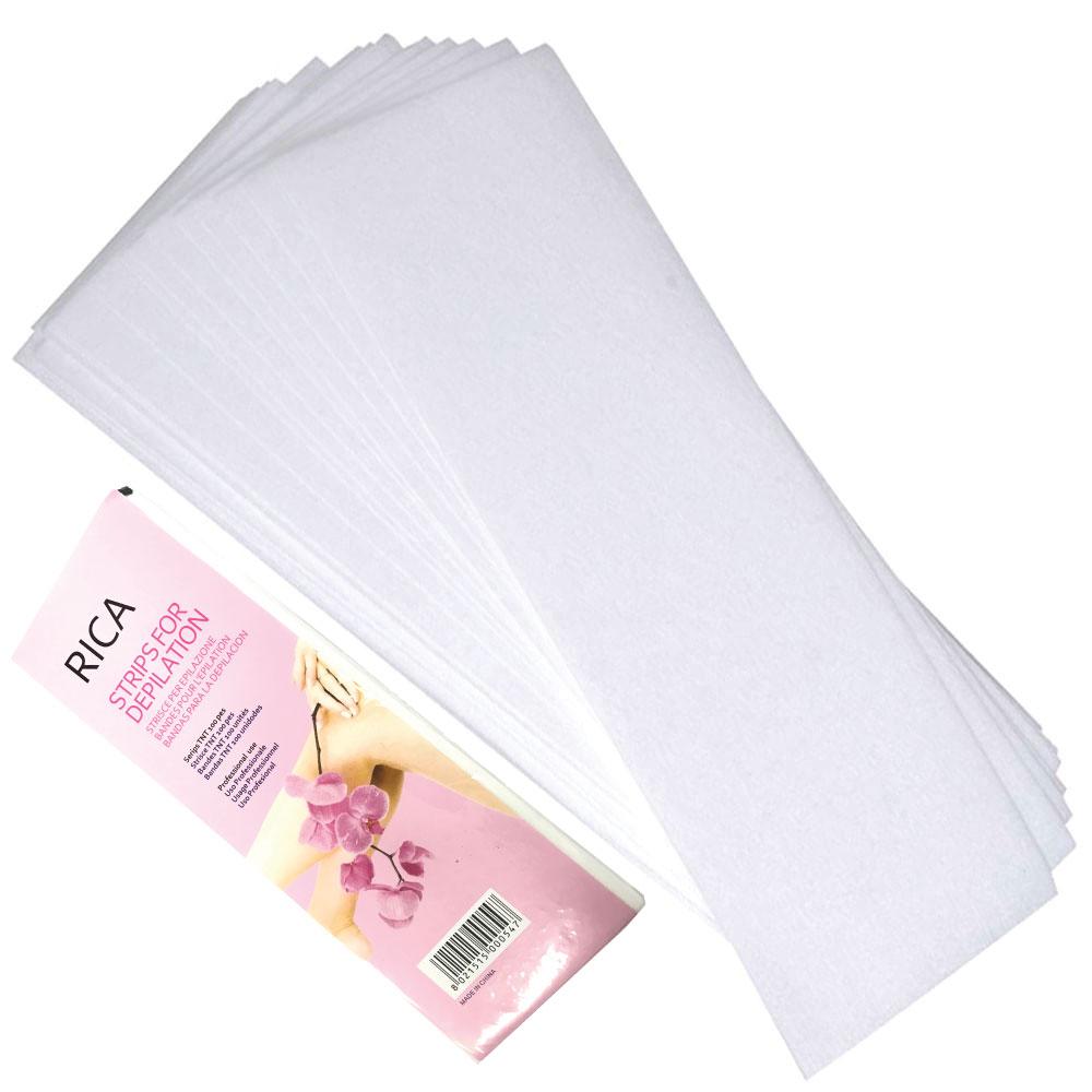 Pack of 100 pre-cut non-woven waxing strips, 70gsm thickness, ideal for professional waxing treatments.