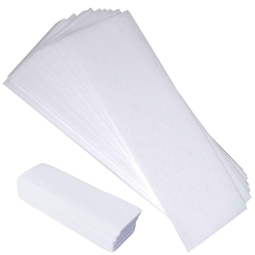 Pack of 100 pre-cut non-woven waxing strips, 70gsm thickness, ideal for professional waxing treatments.