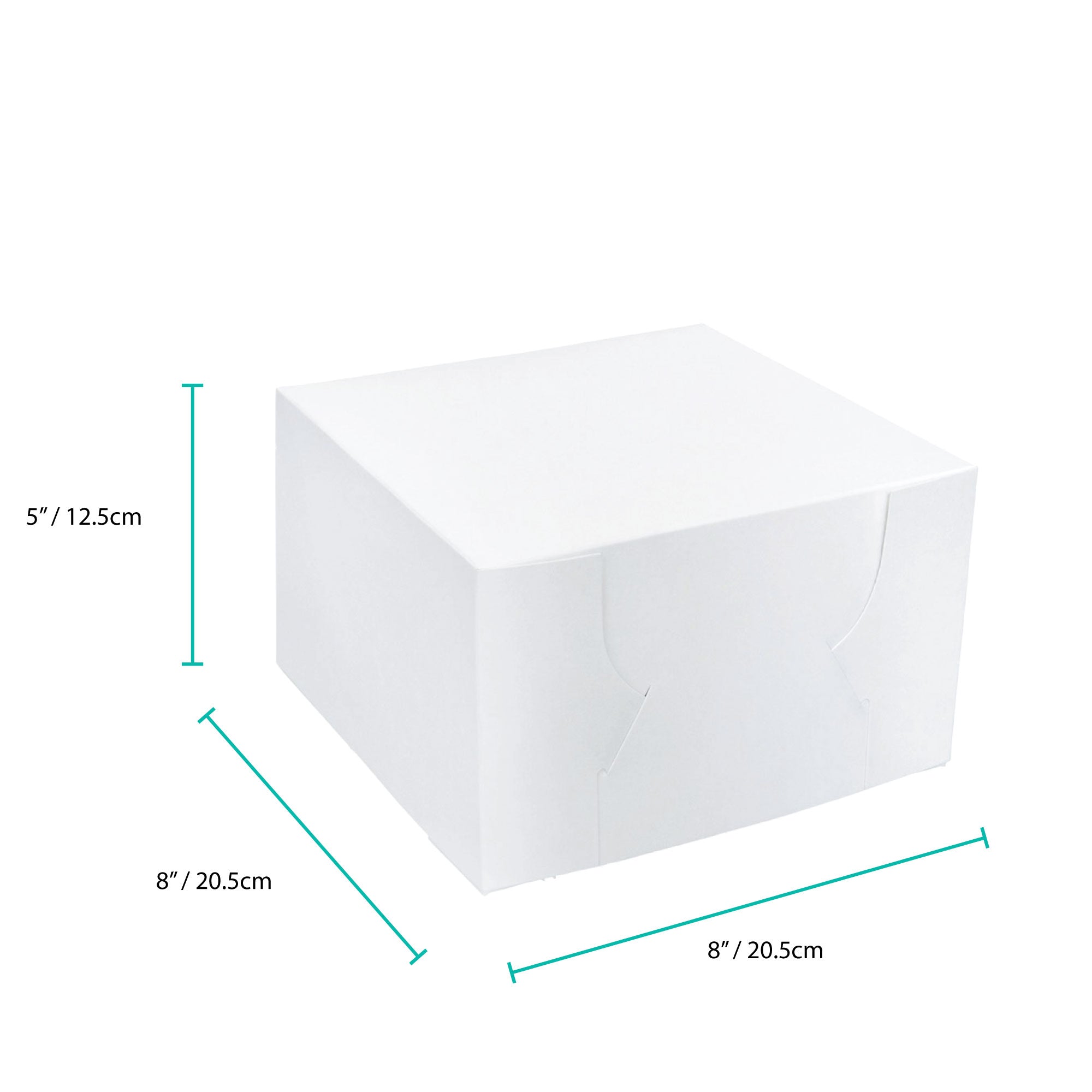 100x Takeaway Cake Box, square white design, perfect for cakes and pastries, measuring 8x8x5 inches.