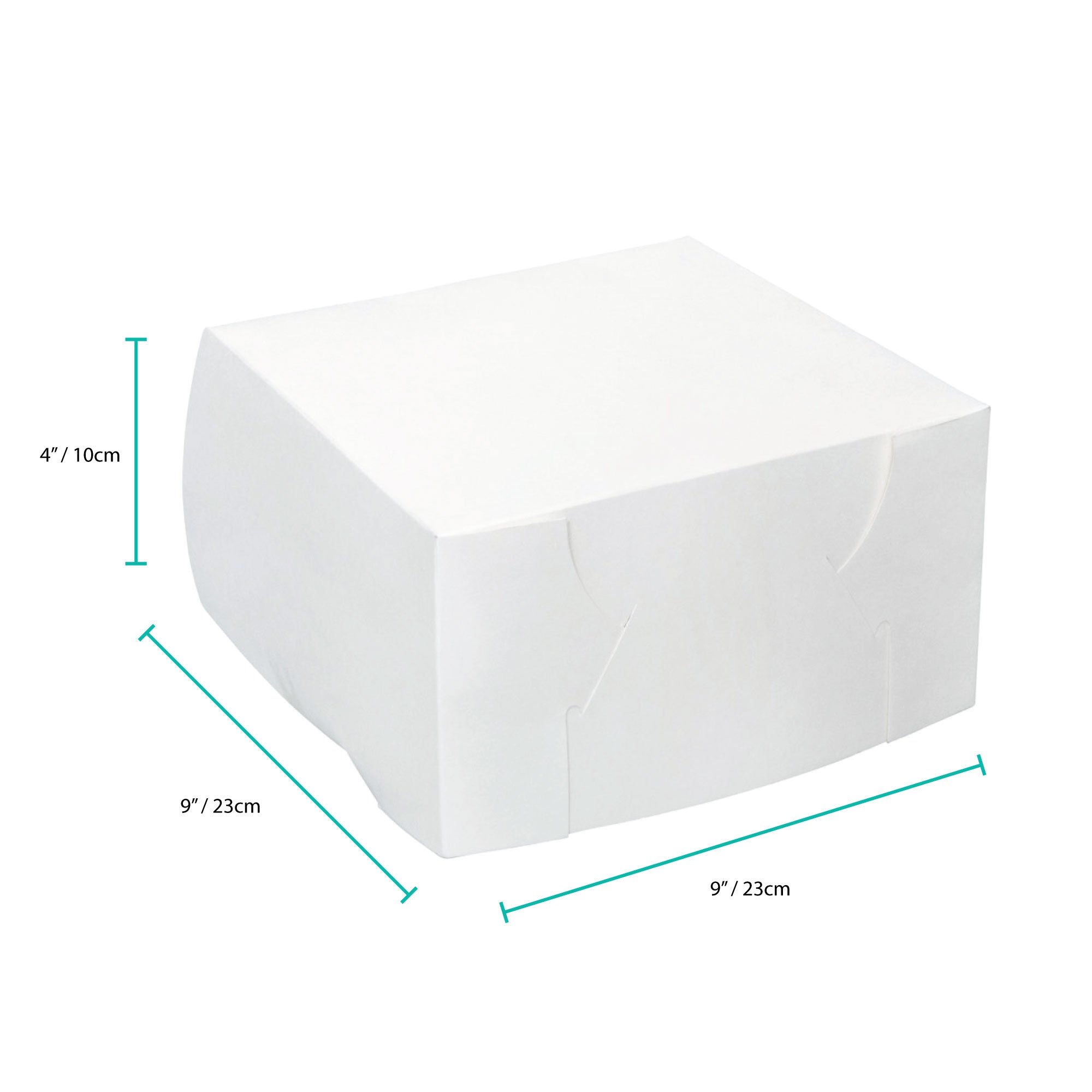 100x Takeaway Cake Box, square white dessert bakery packaging, 9x9x4 inches, ideal for cakes and pastries.