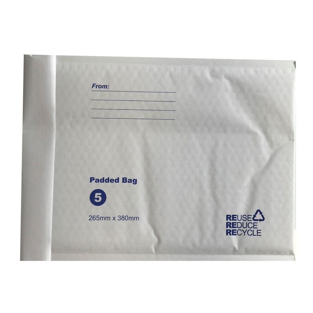 A pack of 100 Tempest 265x380mm white bubble mailers, showcasing their padded design and tamper-evident seal.