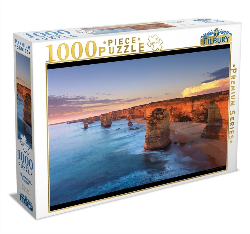 A colorful 1000-piece puzzle depicting the sunset over the 12 Apostles rock formations, showcasing vibrant colors and intricate details.