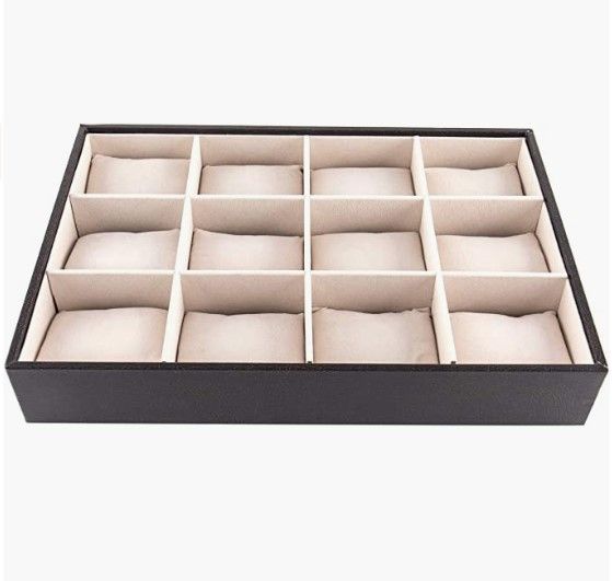 Black 12 Bracelet Storage Tray with 12 compartments and pillows for displaying bracelets elegantly.