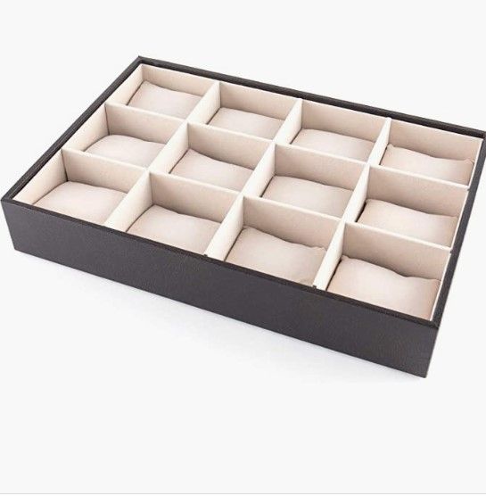 Black 12 Bracelet Storage Tray with 12 compartments and pillows for displaying bracelets elegantly.